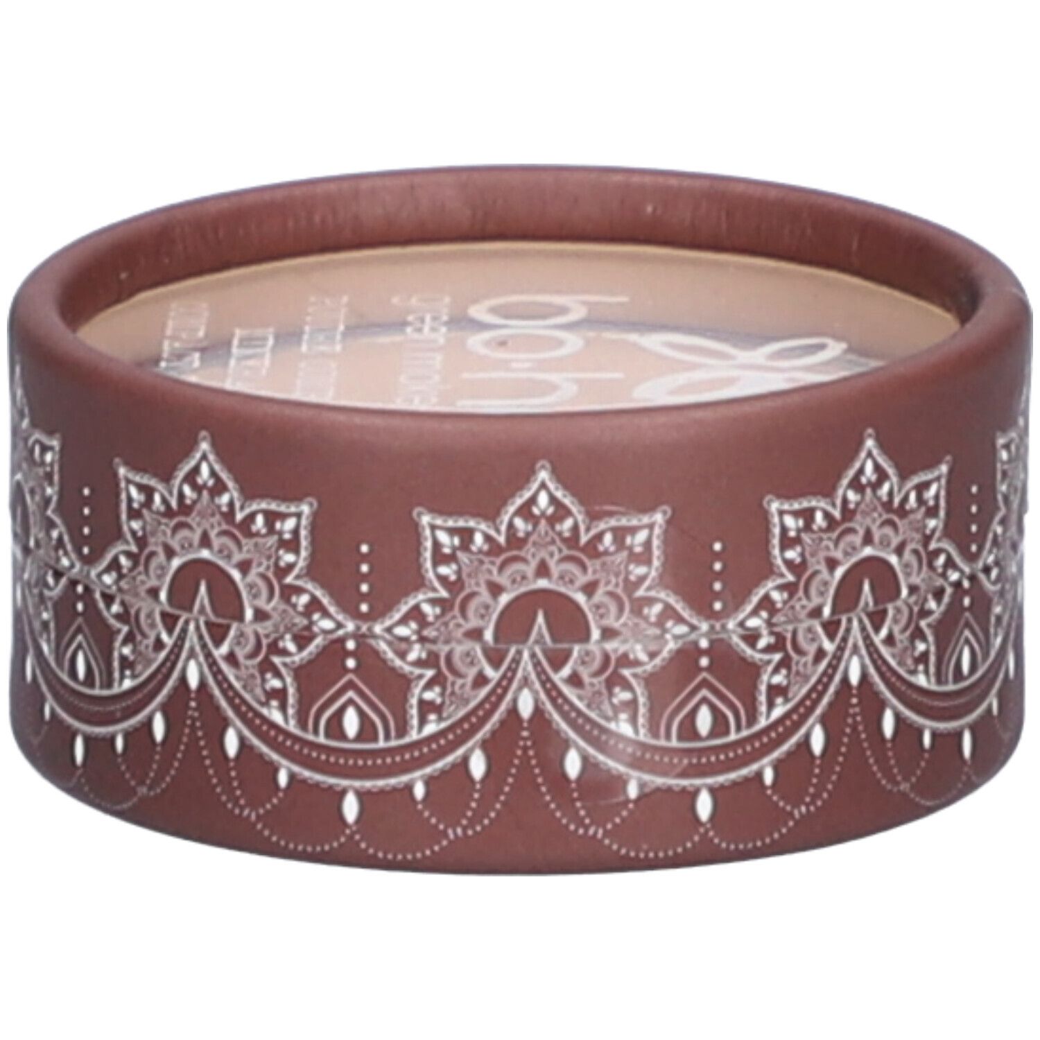 Emballage rond marron avec motif blanc. Le nom de la marque « bo-ho » est visible en haut.