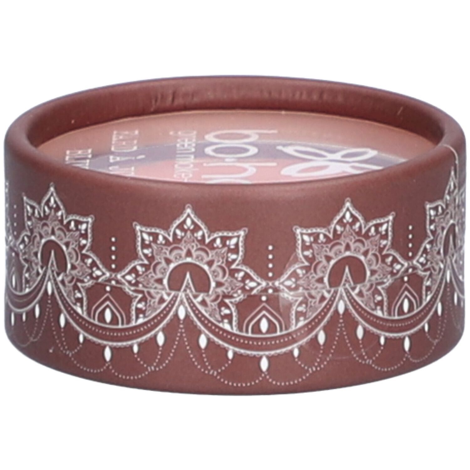 Runder Behälter mit rosafarbenem Inhalt. Braune Verpackung mit weißem Muster und Logo. Text: bo-ho green make-up.