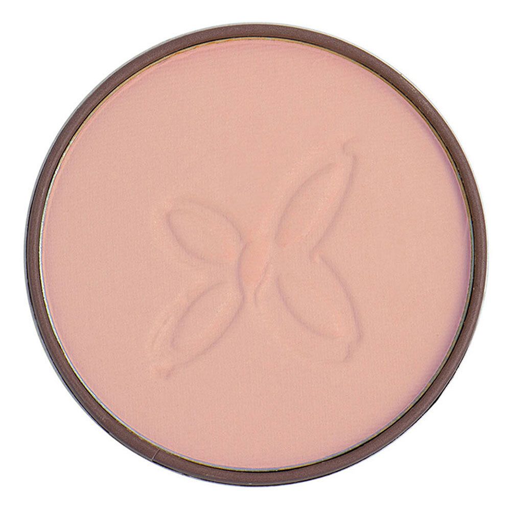 Boîtier de fard à joues rond. Poudre rose avec motif papillon. Bord marron.
