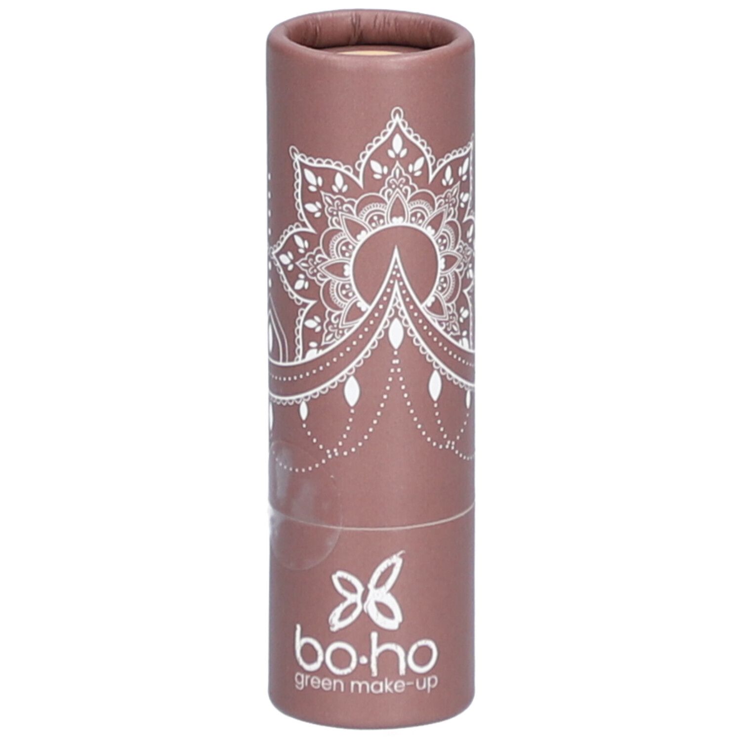 Emballage cylindrique marron avec motif mandala blanc et logo. Nom du produit non visible.