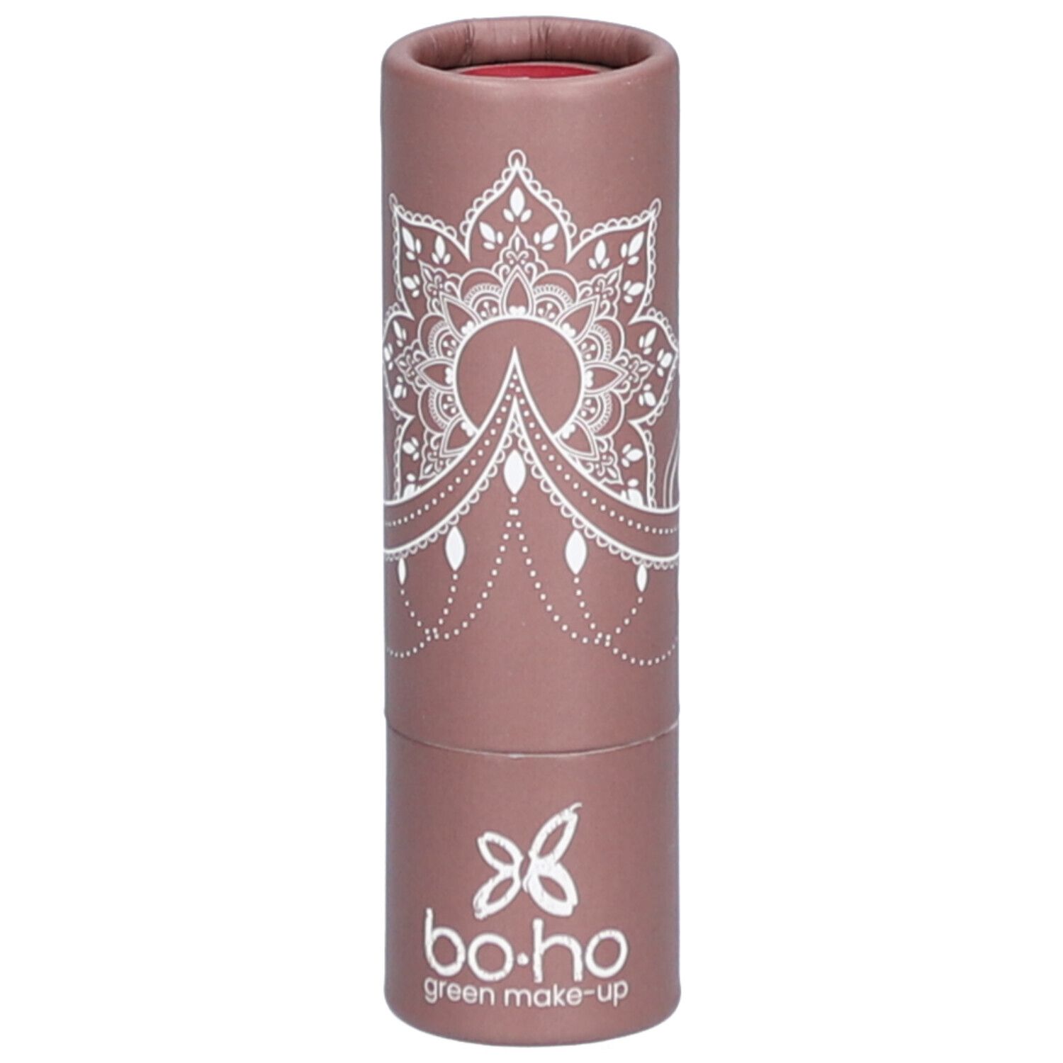 Lippenstift in zylindrischer Verpackung. Rosa-braune Hülle mit weißem Muster und Logo. Sichtbarer Lippenstift-Kern.