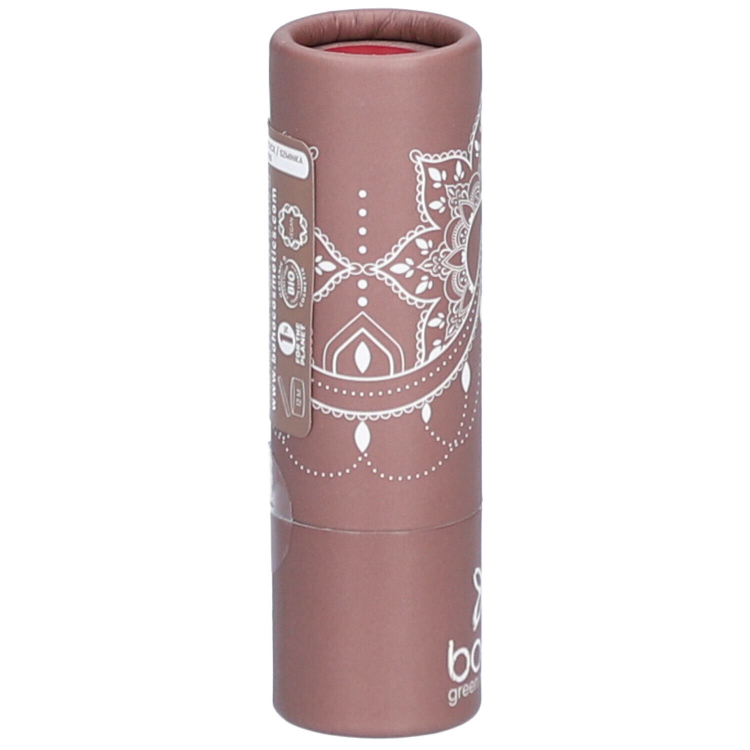 Lippenstift in zylindrischer Verpackung. Rosa-braune Hülle mit weißem Muster und Logo. Bio-Zertifizierung.