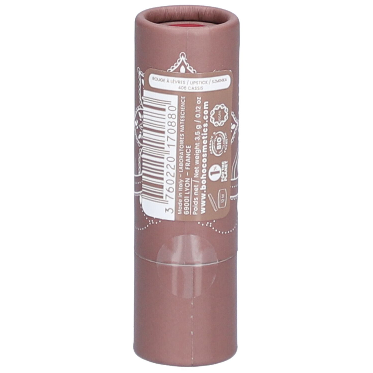 Lippenstift in zylindrischer Verpackung. Rosa-braune Hülle mit weißem Muster und Logo. Produktinformationen und Barcode.