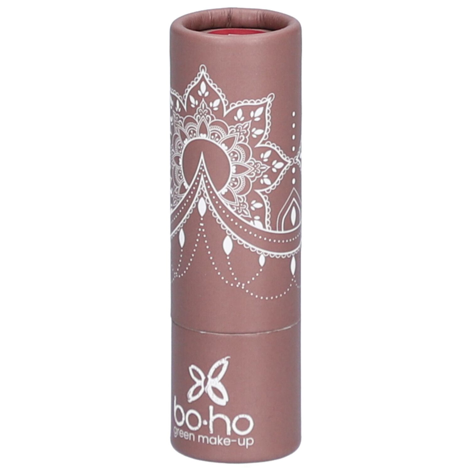 Lippenstift in zylindrischer Verpackung. Rosa-braune Hülle mit weißem Muster und Logo. Sichtbarer Lippenstift-Kern.