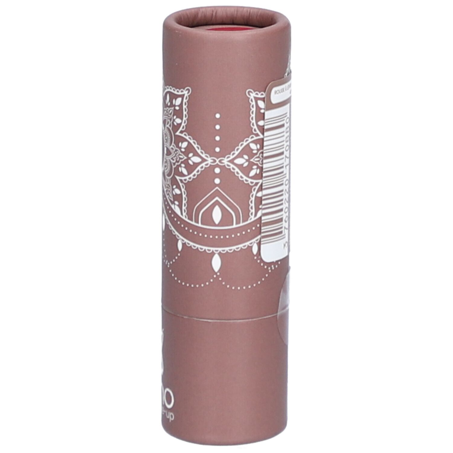 Lippenstift in zylindrischer Verpackung. Rosa-braune Hülle mit weißem Muster und Logo. Barcode und Produktinformationen.