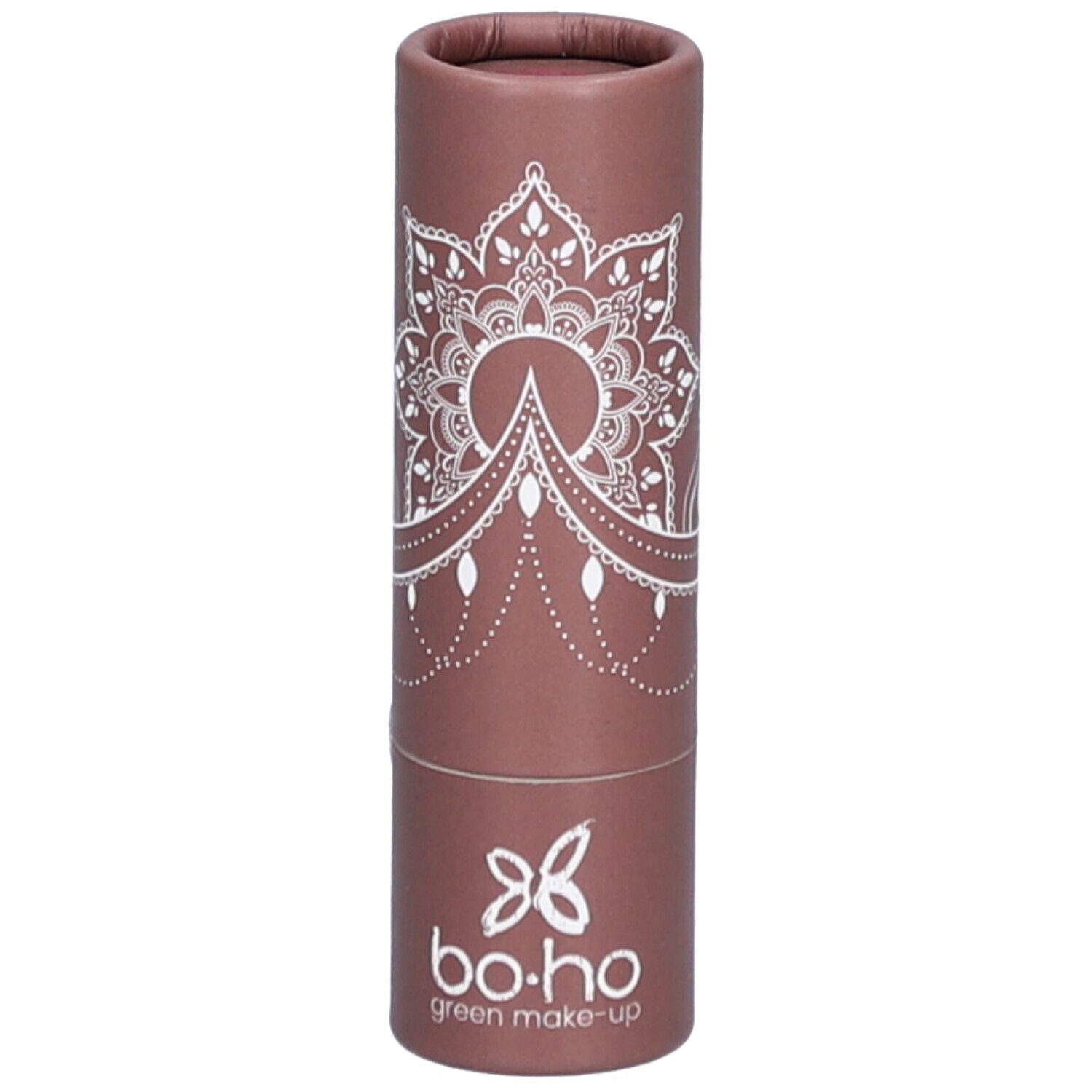 Zylindrische Verpackung mit weißem Mandala-Muster und Logo. Marke: bo-ho green make-up.