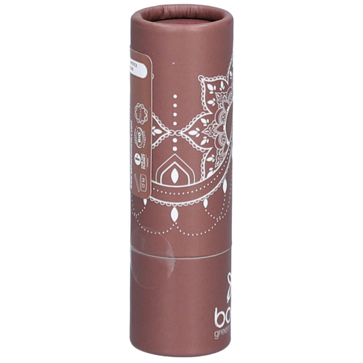 Zylindrische Verpackung mit weißem Mandala-Muster und Logo. Aufkleber mit Zertifizierungen.