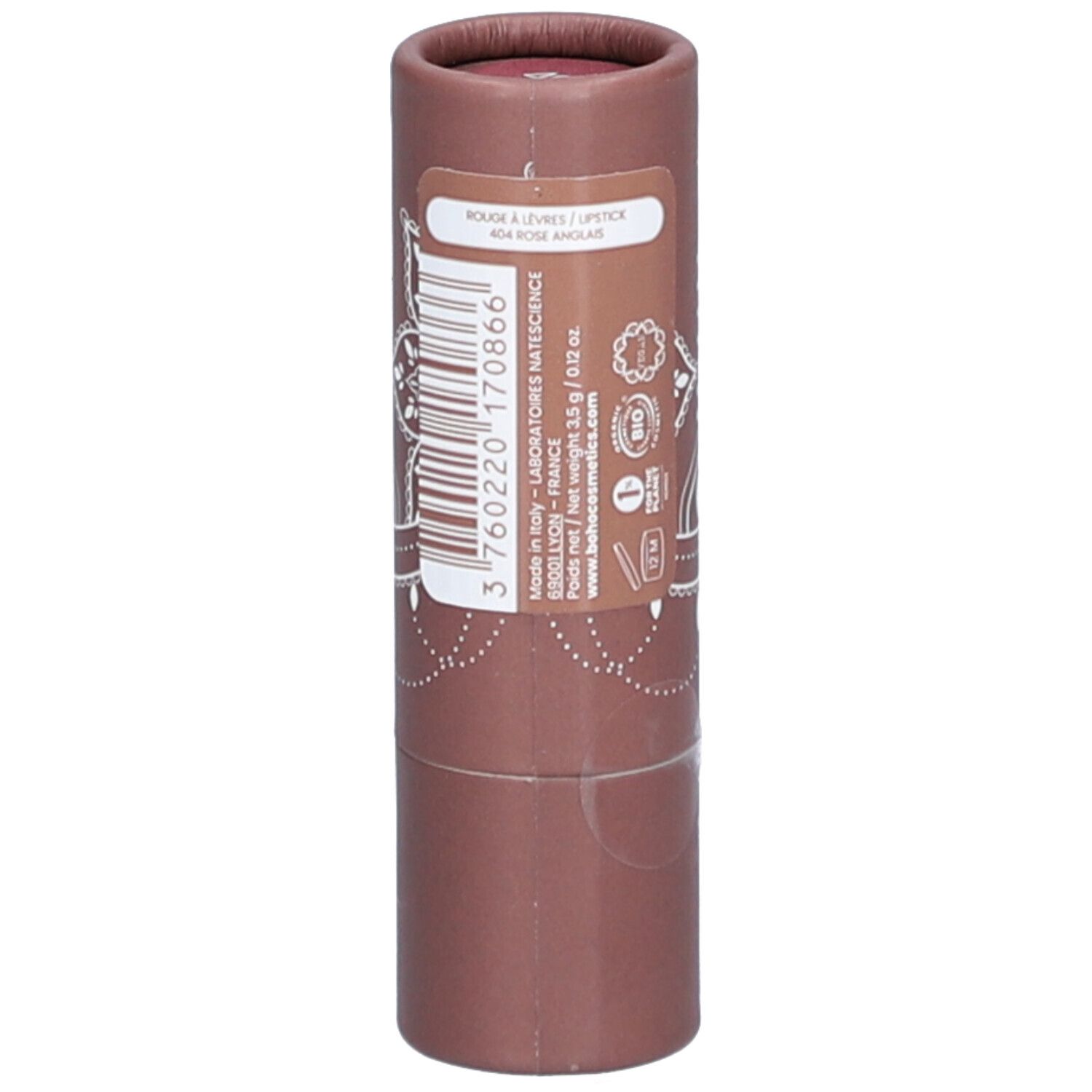 Zylindrische Verpackung mit Produktinformationen. Produktname: Rouge à Lèvres/Lipstick 404 Rose Anglais.
