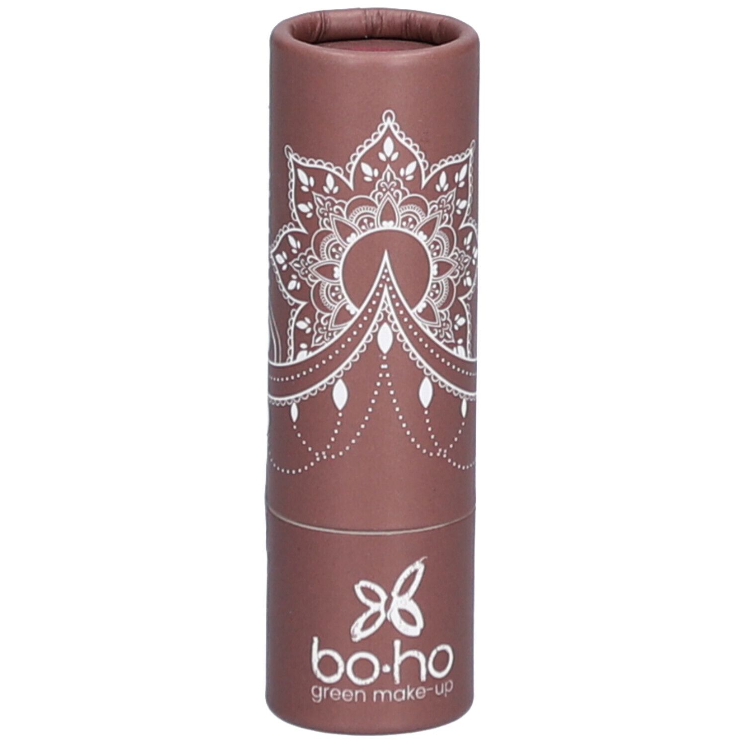 Zylindrische Verpackung mit weißem Mandala-Muster und Logo. Marke: bo-ho green make-up.