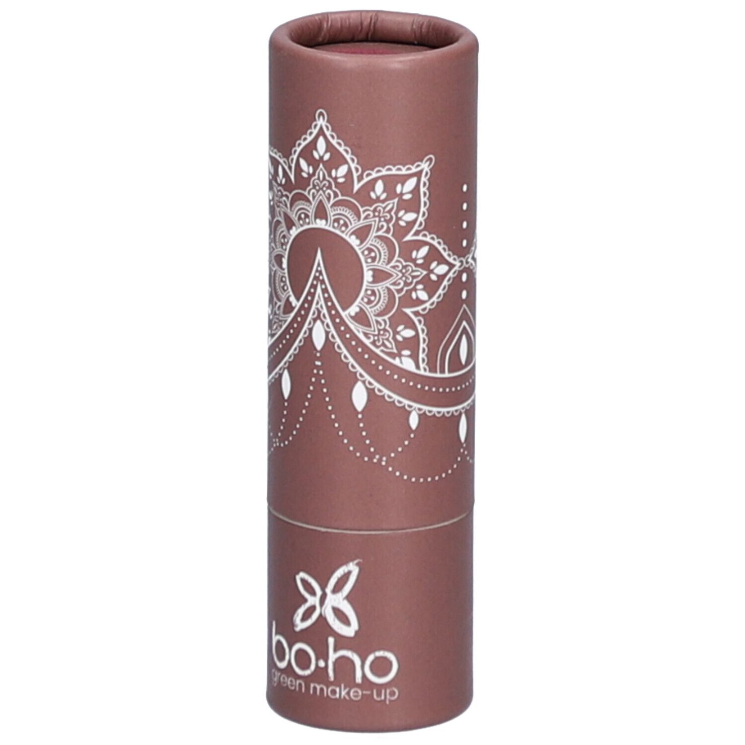 Zylindrische Verpackung mit weißem Mandala-Muster und Logo. Marke: bo-ho green make-up.