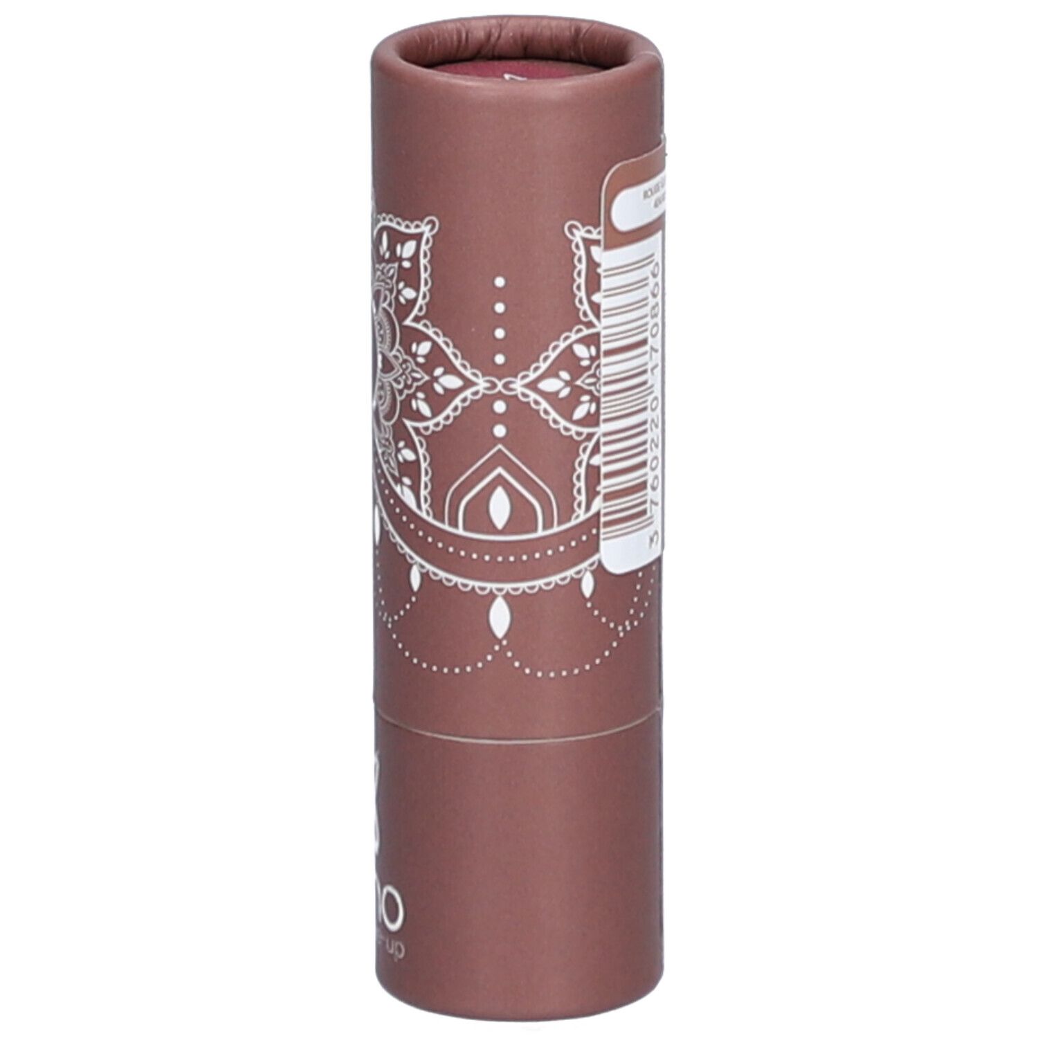 Zylindrische Verpackung mit weißem Mandala-Muster und Logo. Barcode und Produktinformationen.