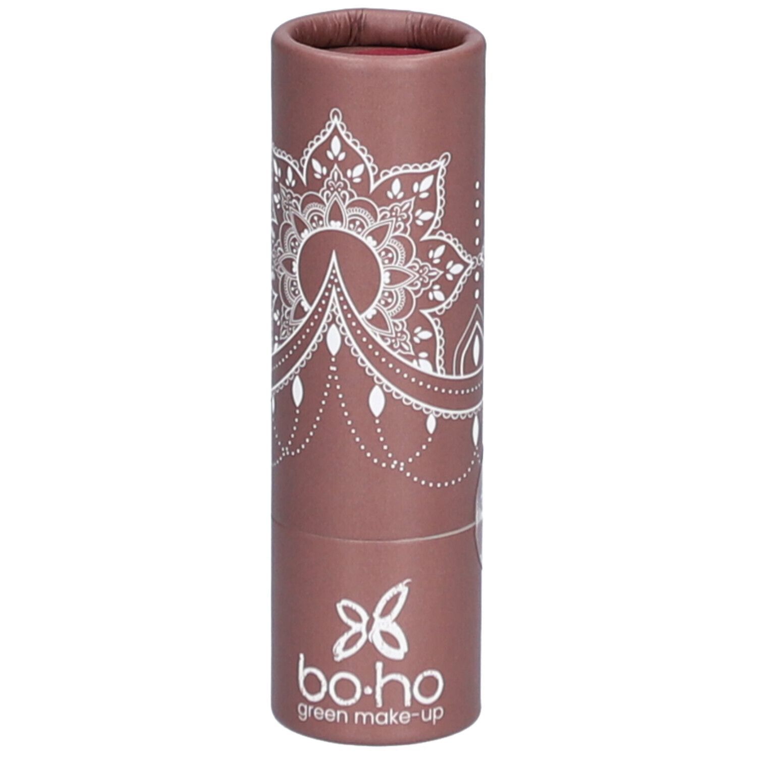 Emballage cylindrique marron avec motif mandala blanc et logo bo.ho green make-up.