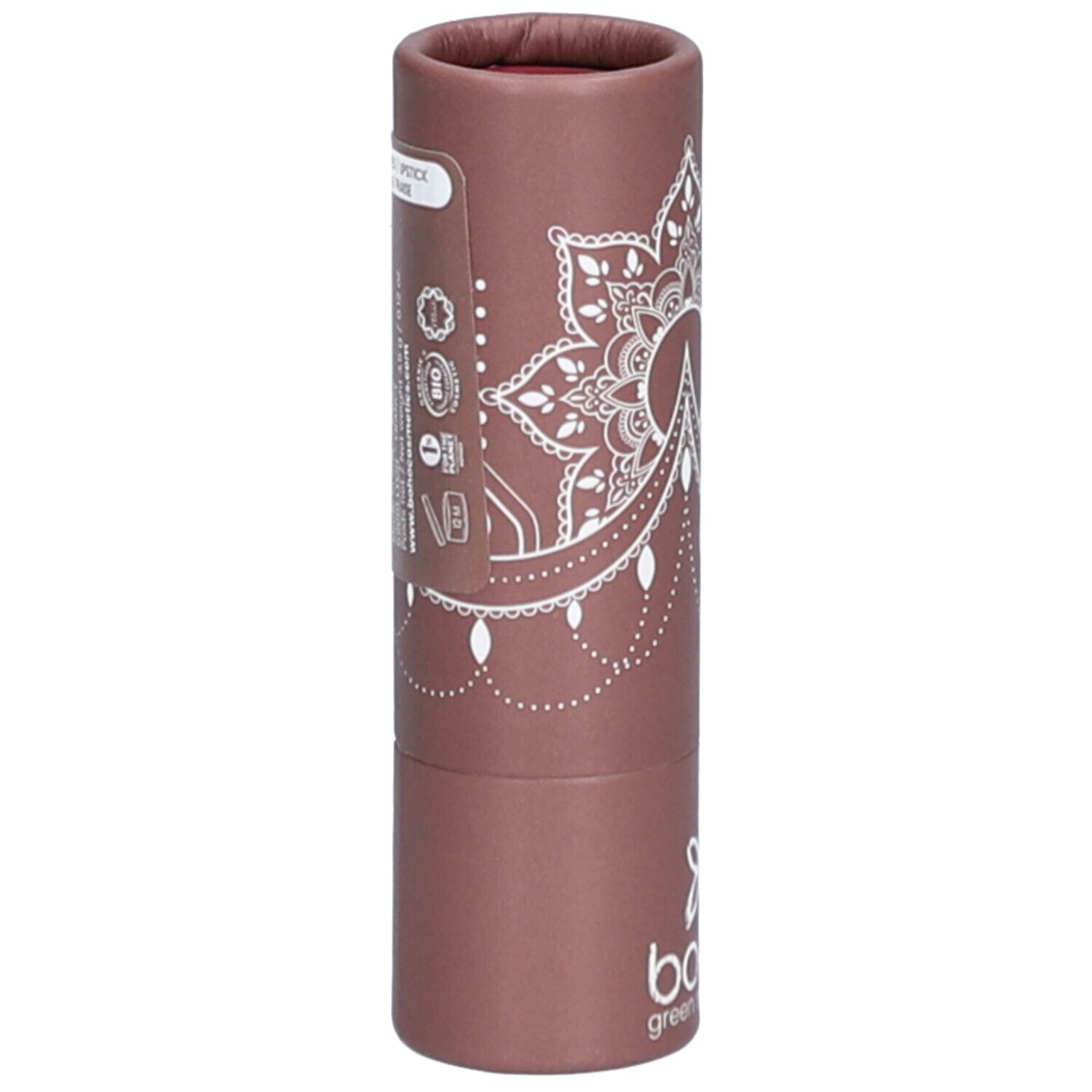 Emballage cylindrique avec motif mandala blanc et logo bo.ho. Étiquette avec informations.