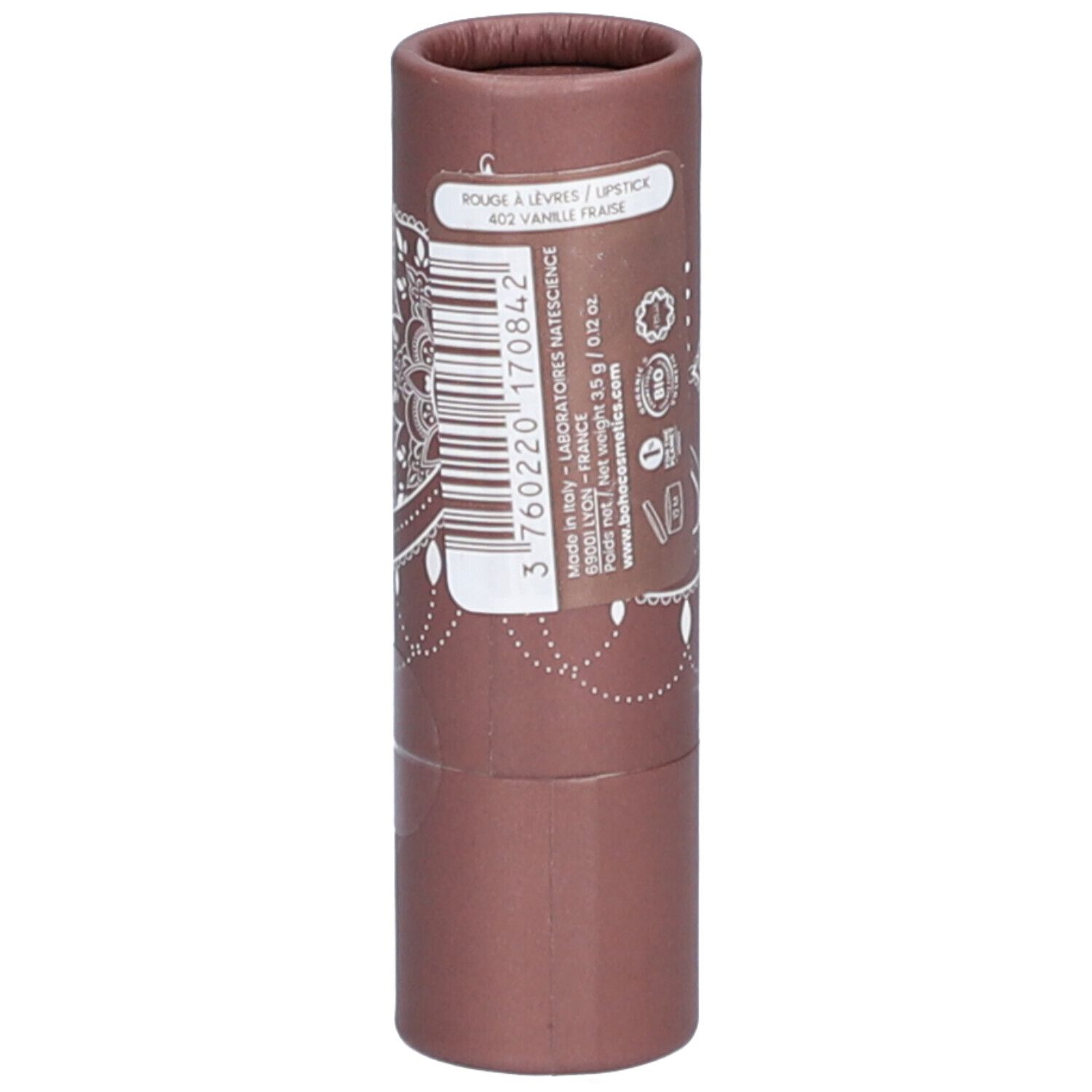 Emballage cylindrique avec motif mandala blanc. Inscription: Rouge à Lèvres/Lipstick 402 Vanille Fraise.