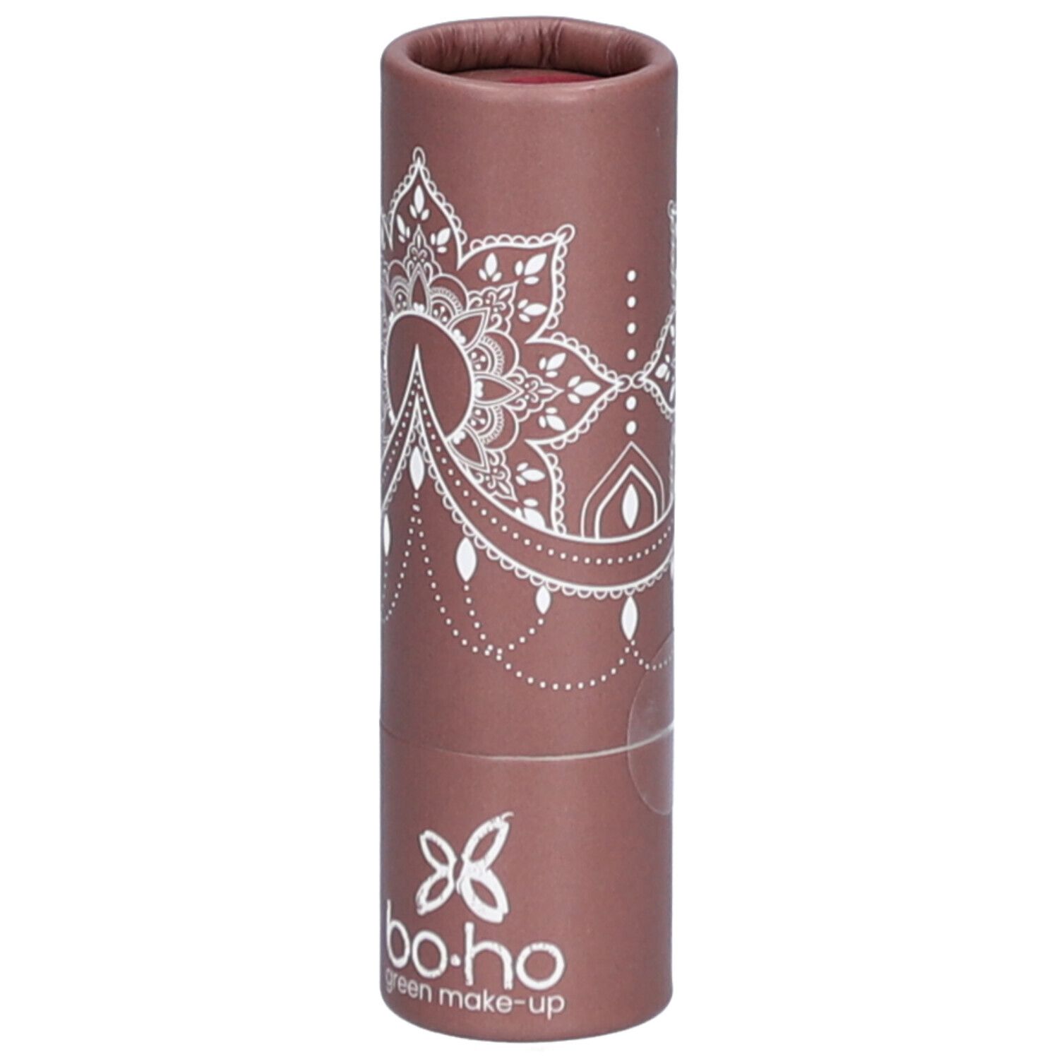 Emballage cylindrique marron avec motif mandala blanc et logo bo.ho green make-up.