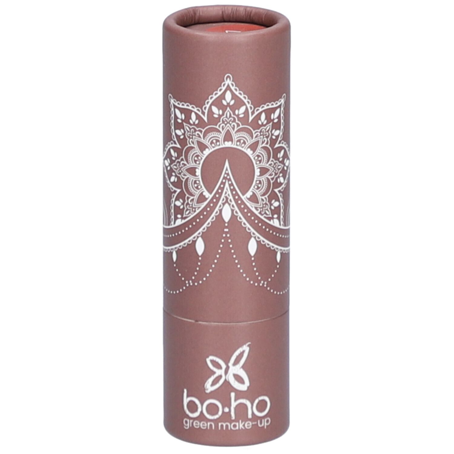 Zylindrische Verpackung, braun mit weißem Mandala-Muster und Logo. Oben offene Lippenstift-Farbe sichtbar.