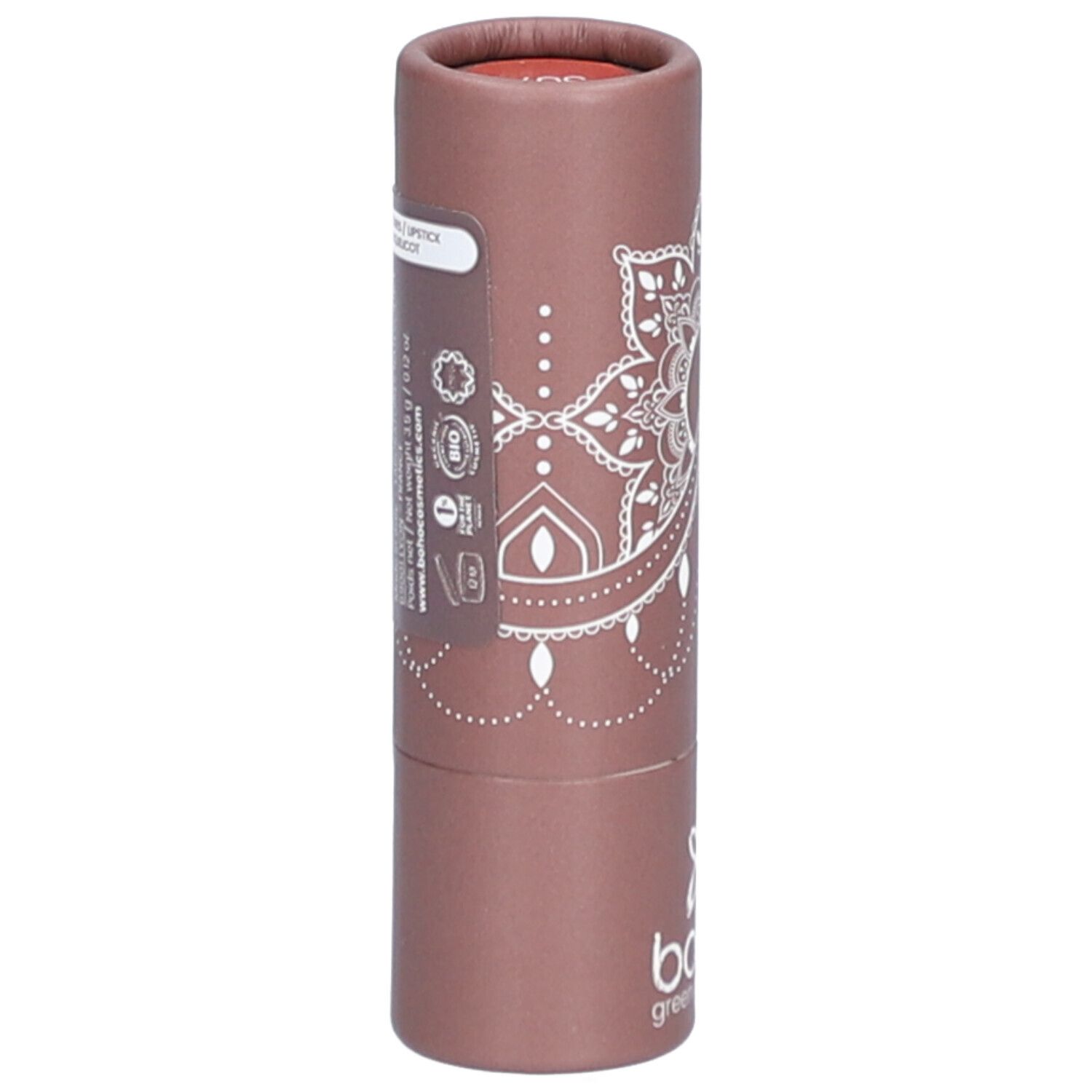 Braune, zylindrische Verpackung mit weißem Mandala-Muster und Logo. Text: 'Rouge à lèvres'.