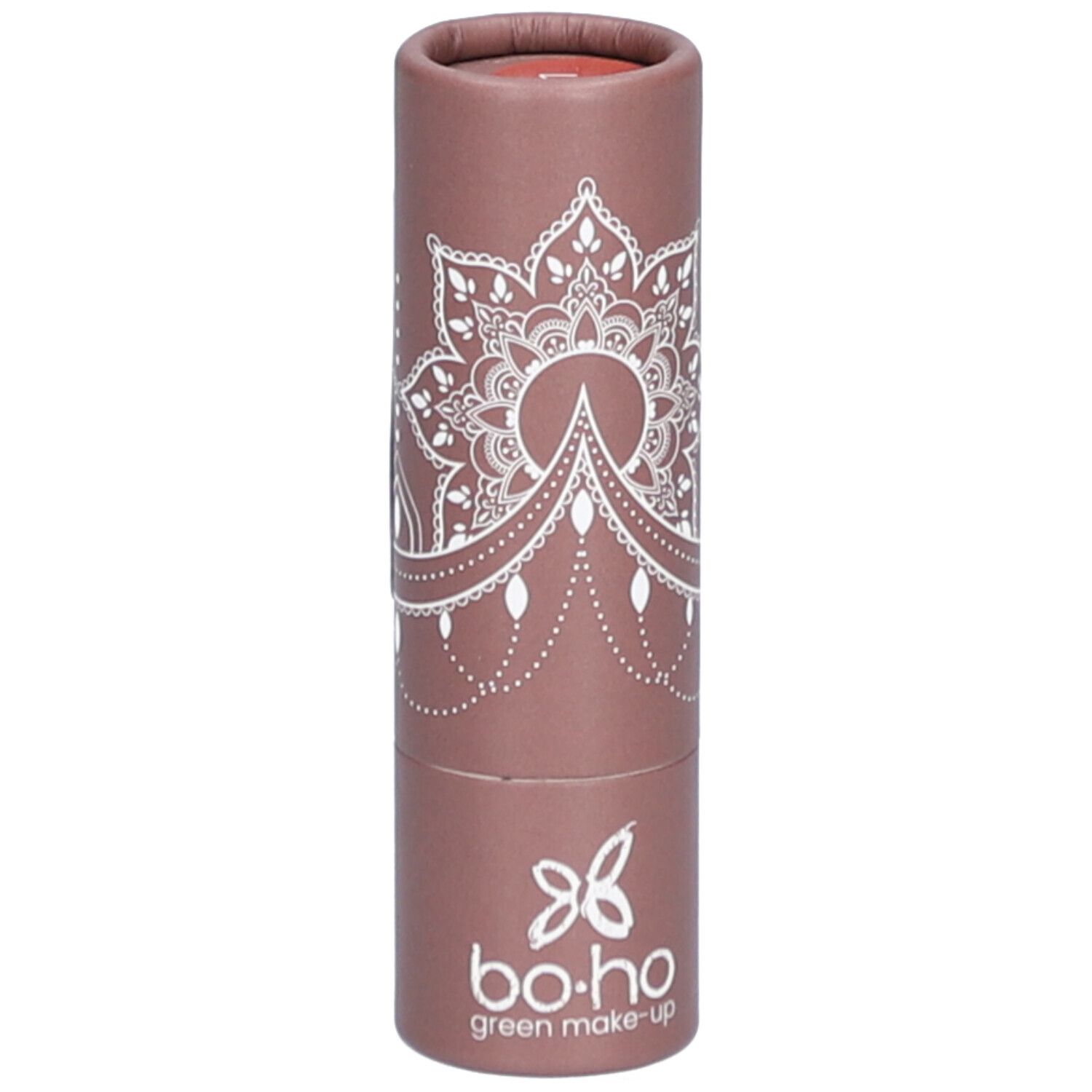 Zylindrische Verpackung, braun mit weißem Mandala-Muster und Logo. Oben offene Lippenstift-Farbe sichtbar.