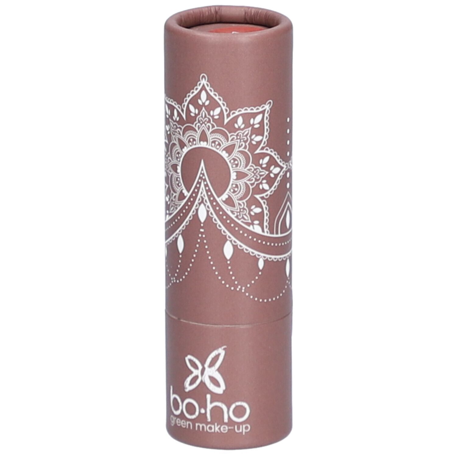 Zylindrische Verpackung, braun mit weißem Mandala-Muster und Logo. Oben offene Lippenstift-Farbe sichtbar.