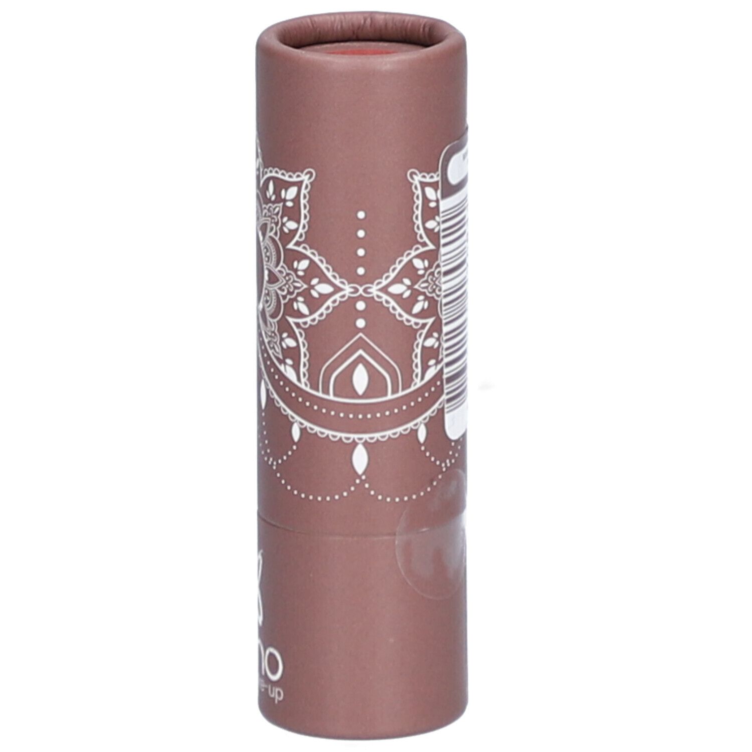 Braune, zylindrische Verpackung mit weißem Mandala-Muster und Logo. Barcode und Text auf der Seite.