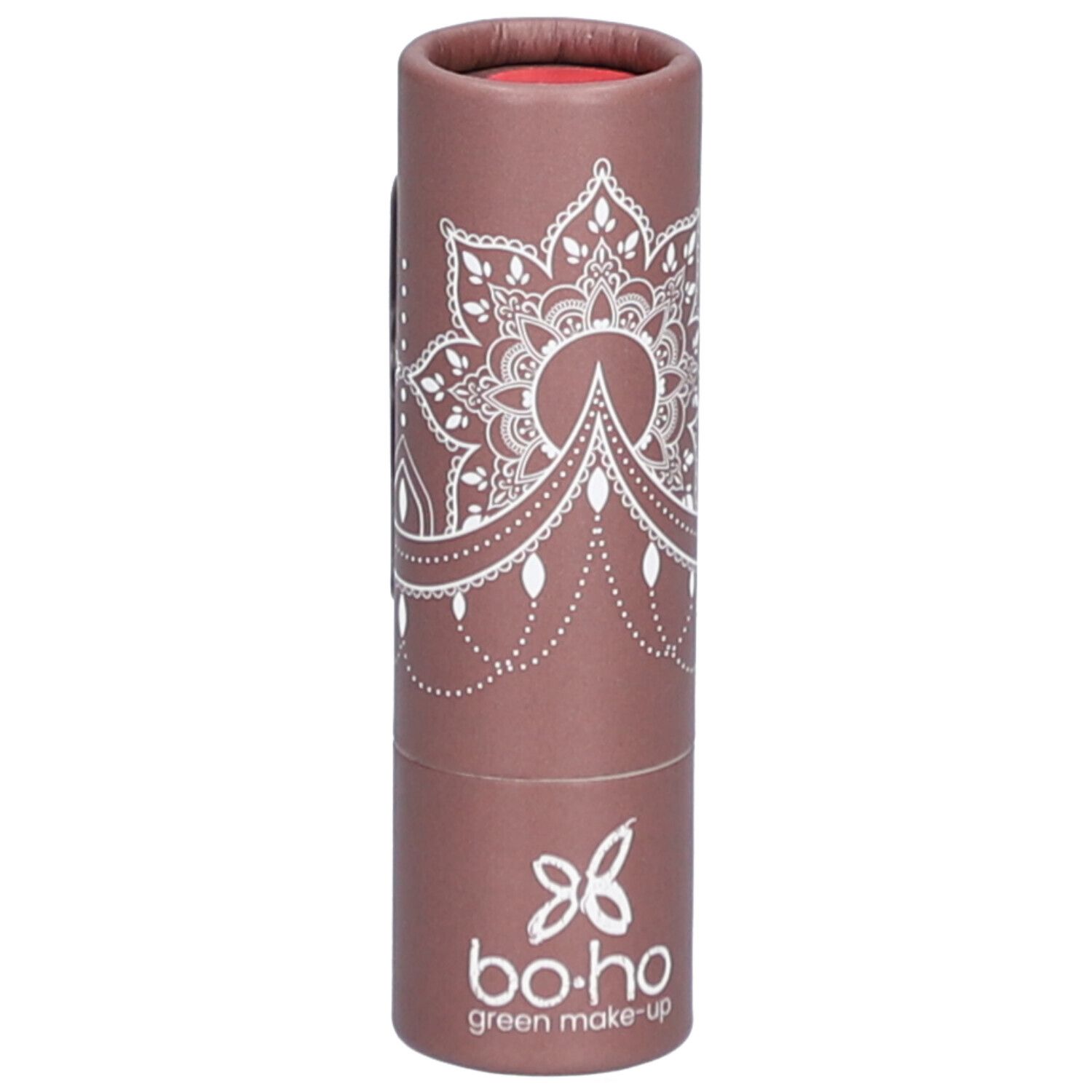 Zylindrische Verpackung, braun mit weißem Muster und Logo. Oben roter Lippenstift sichtbar. Marke: bo-ho green make-up.