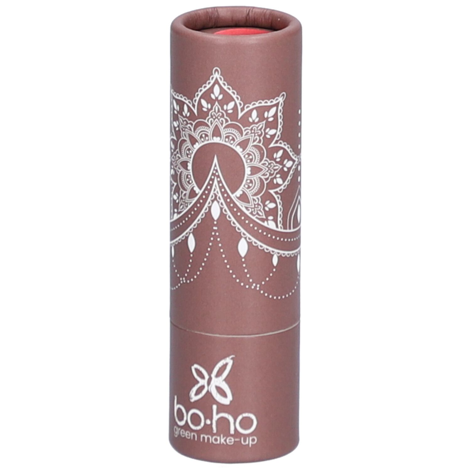Zylindrische Verpackung, braun mit weißem Muster und Logo. Oben roter Lippenstift sichtbar. Marke: bo-ho green make-up.