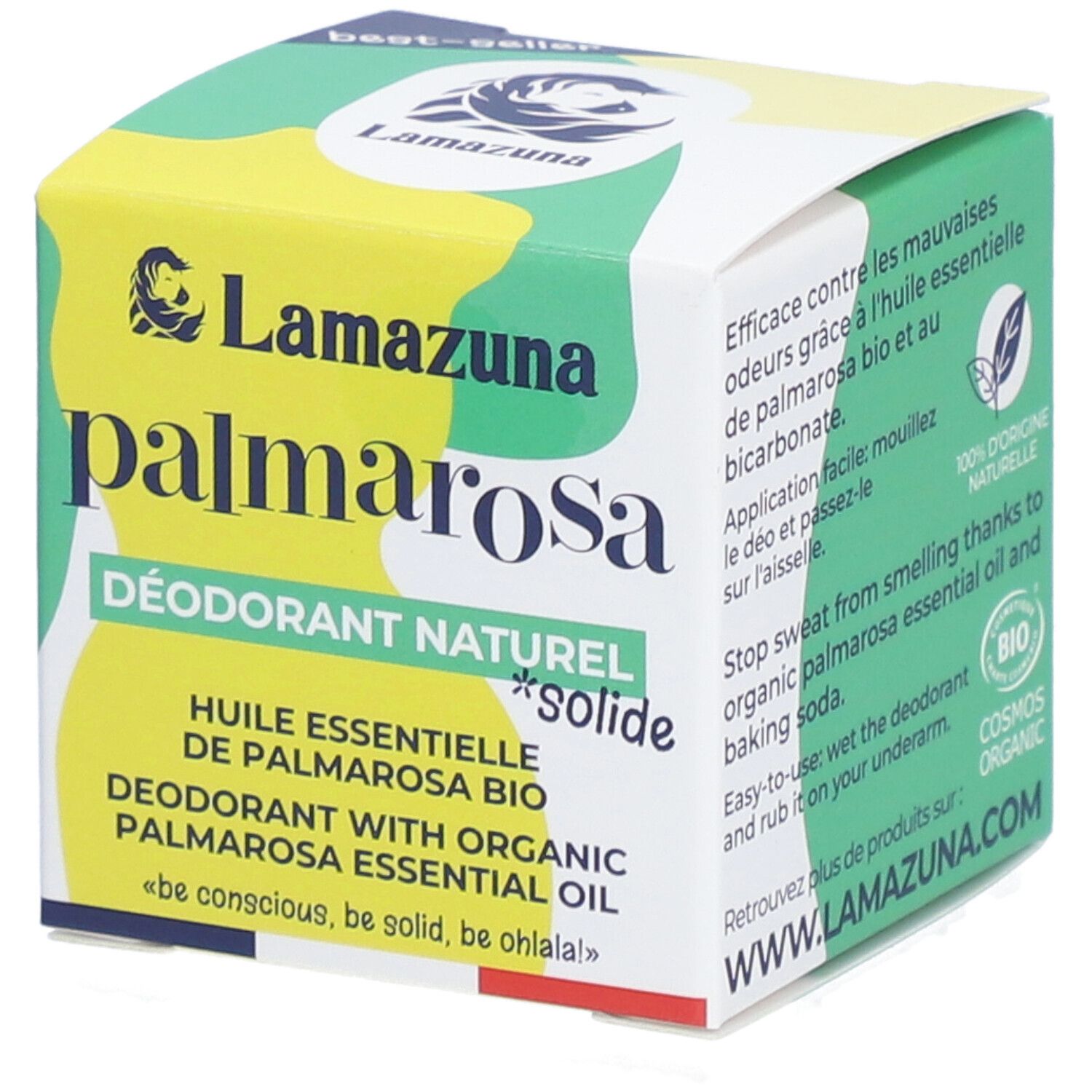 Lamazuna feste Deodarantverpackung mit Palmarosa Aufdruck. Enthält Bio-Palmarosaöl und Natron.