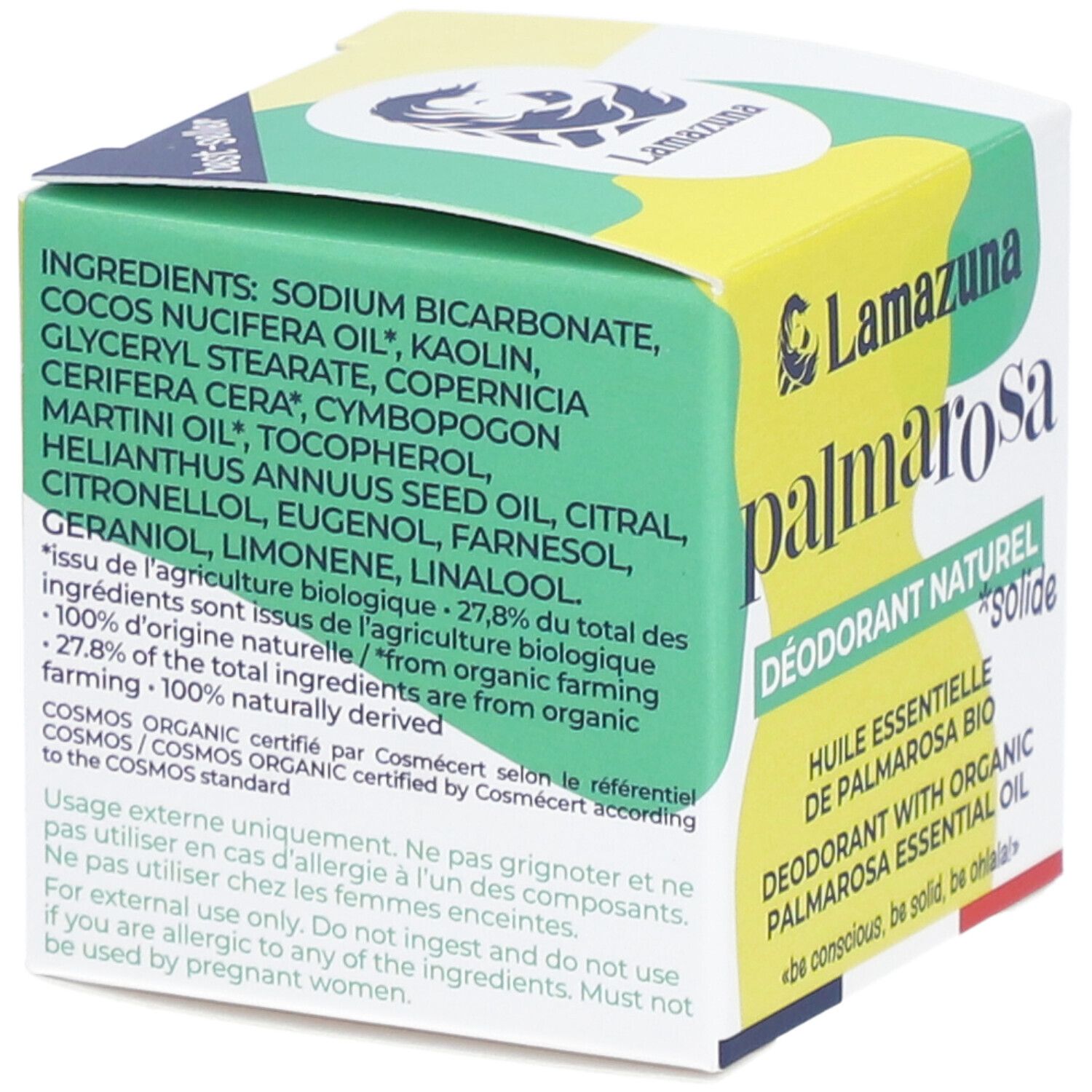 Lamazzuna PalmarosaSa feste Deodorant-Verpackung mit Inhaltsstoffliste und Bio-Zertifizierung.