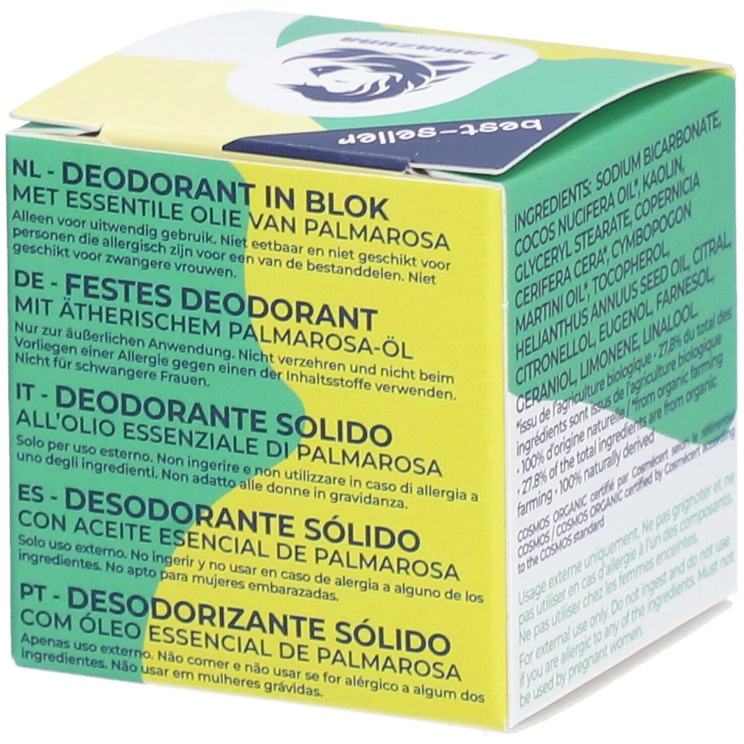 Verpackung eines festen Deodorants mit Palmarosaöl.