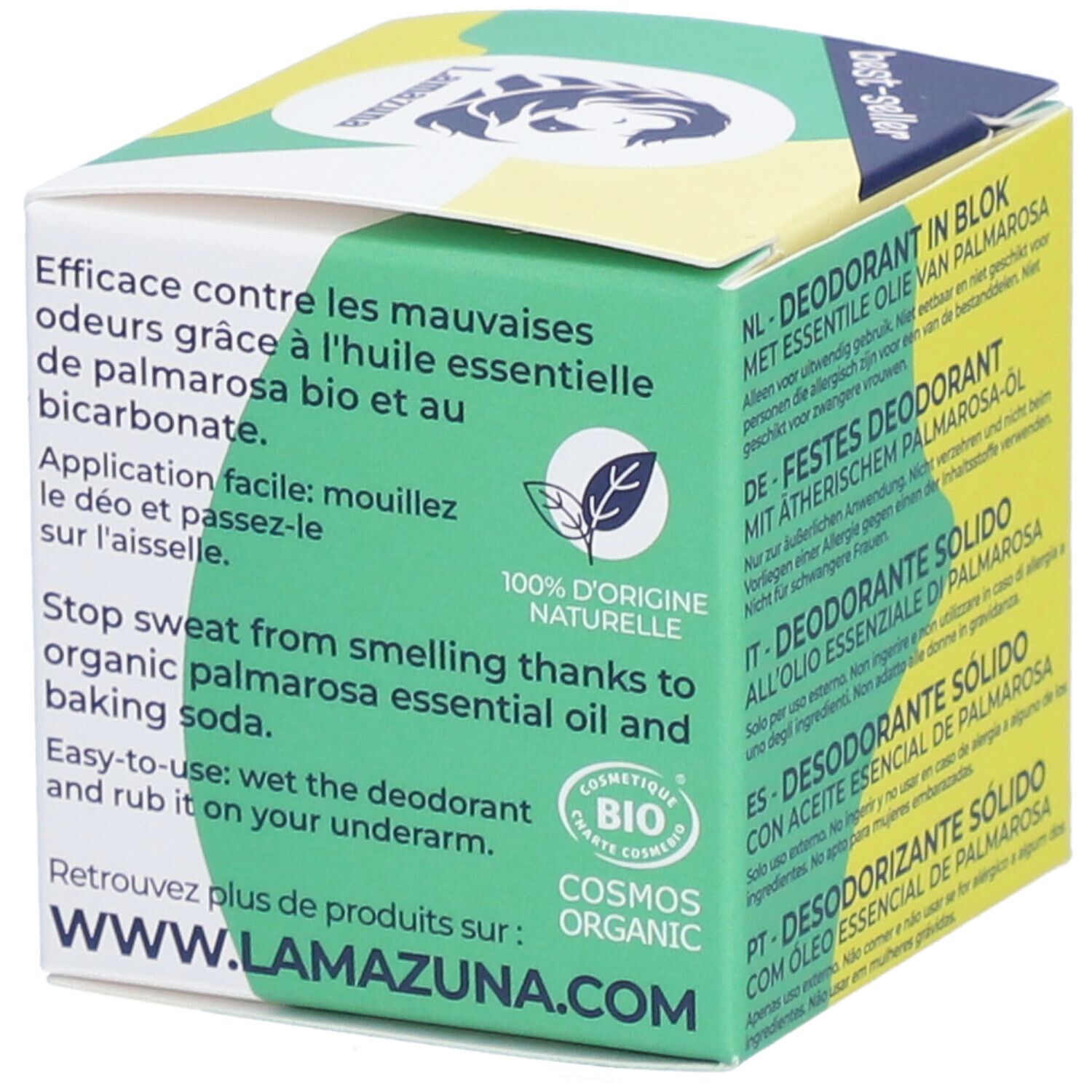 Verpackung eines festen Deodorants mit Palmarosaöl und Natron. Bio-zertifiziert.