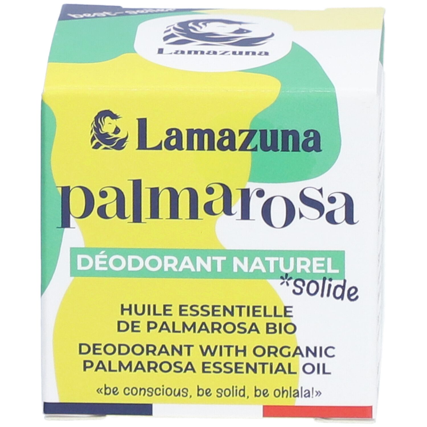 Lamazuna Palmarosa feste Deo-Verpackung mit Aufschrift 'DÉODORANT NATUREL SOLIDE'.