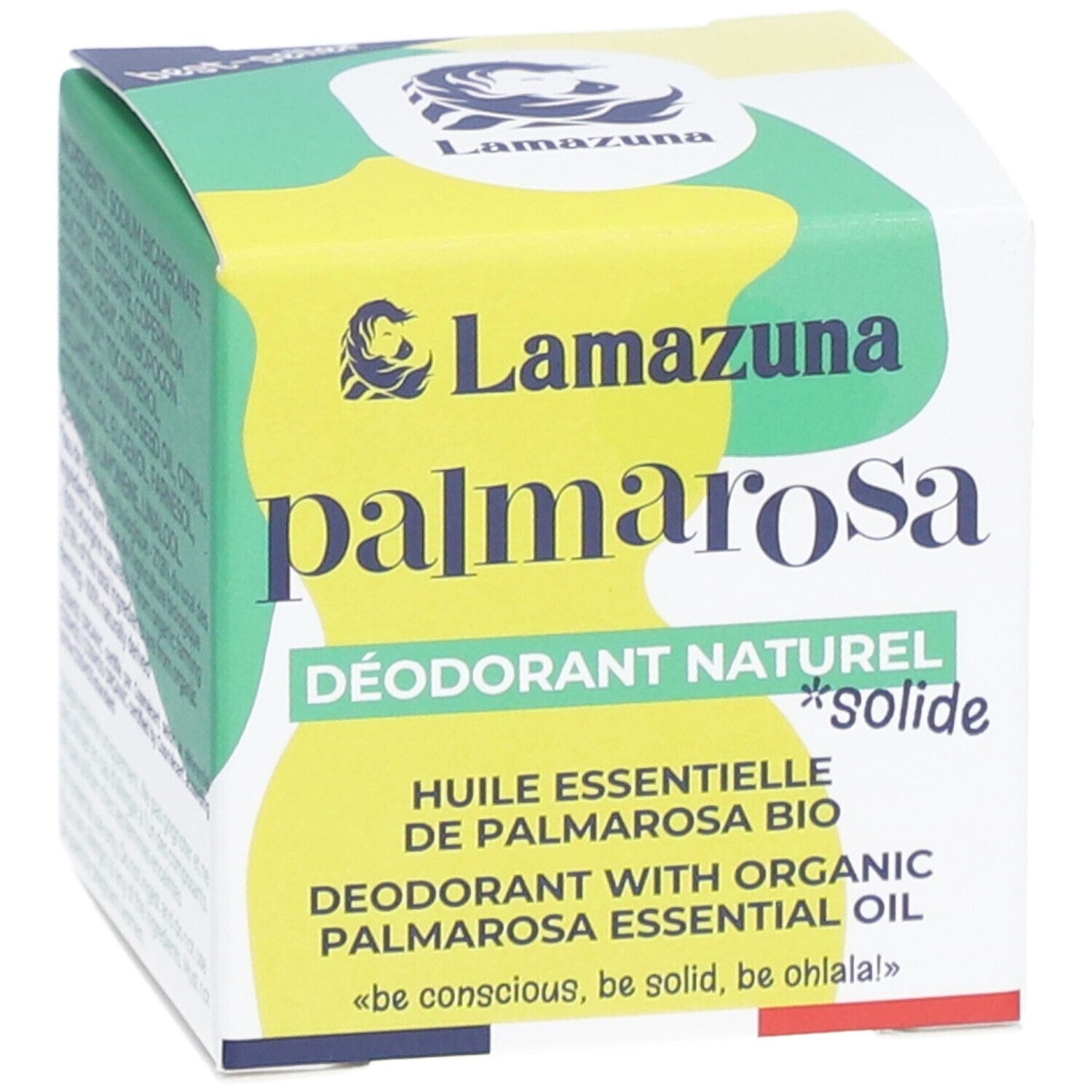Lamazuna Palmarosa fester Deodorantkarton mit Aufdruck.
