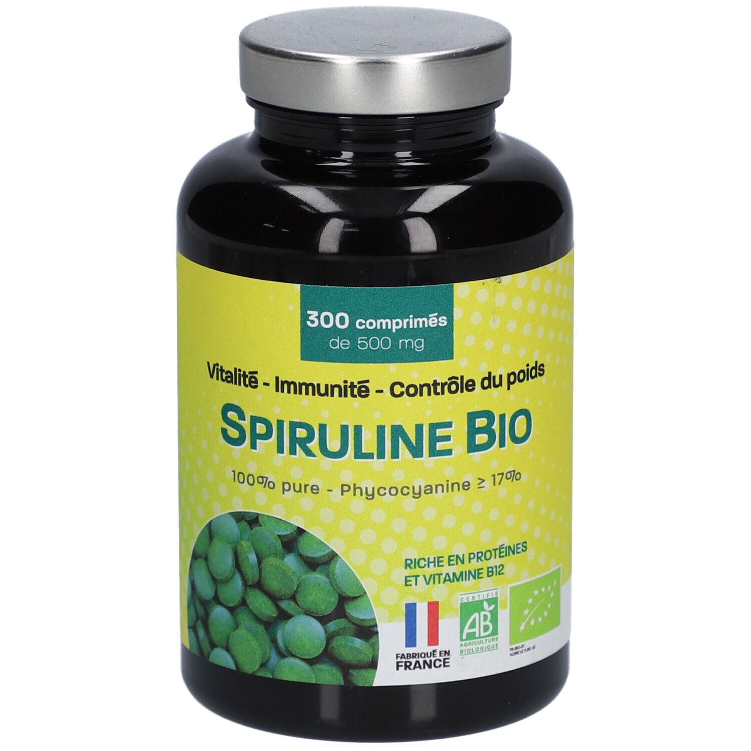 Flacon noir avec bouchon argenté. Inscription: Spiruline Bio, 300 comprimés, 500 mg. Label AB bio et Fabriqué en France.