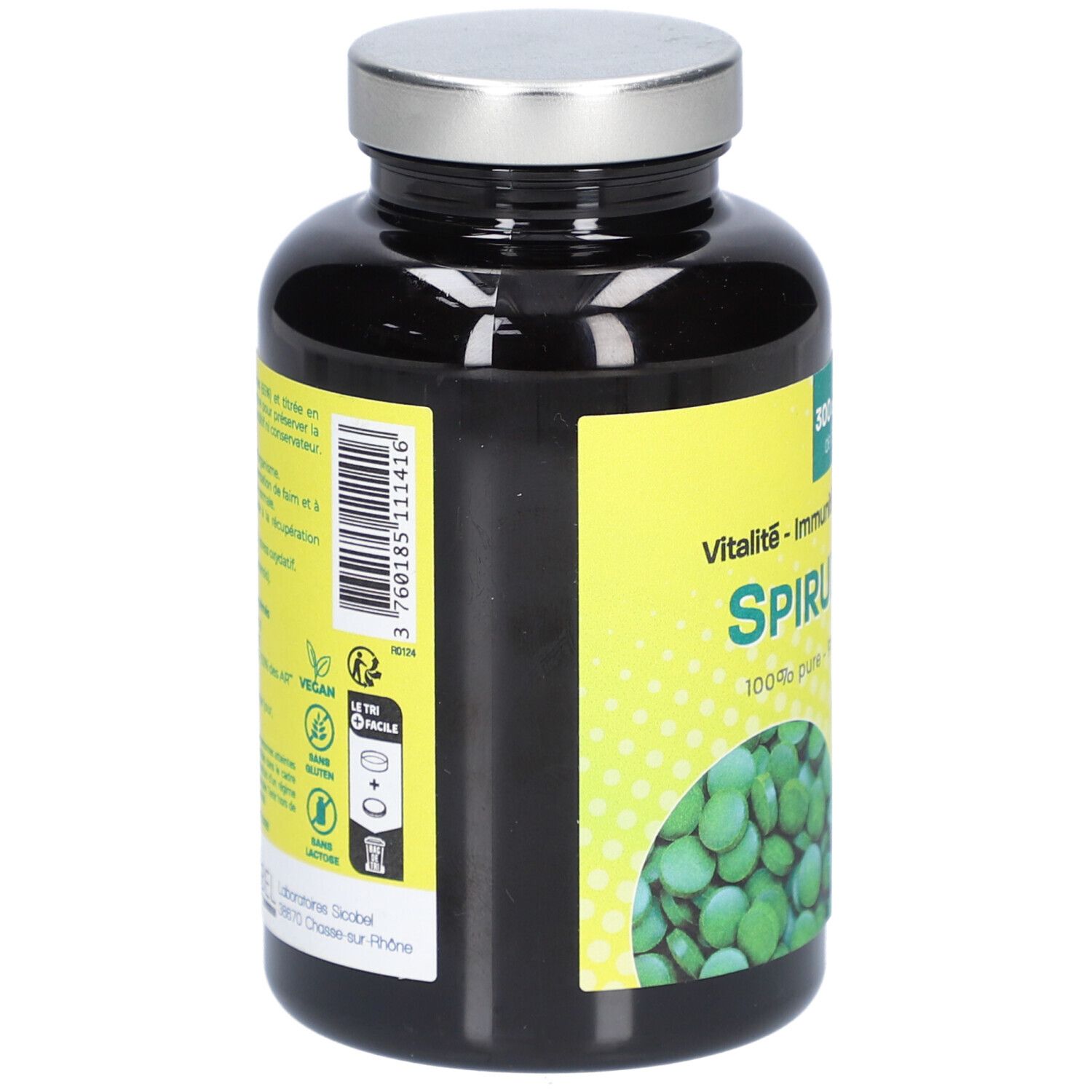 Flacon noir avec bouchon argenté. Inscription: Spiruline Bio. Verso avec informations, label Vegan et label AB bio.