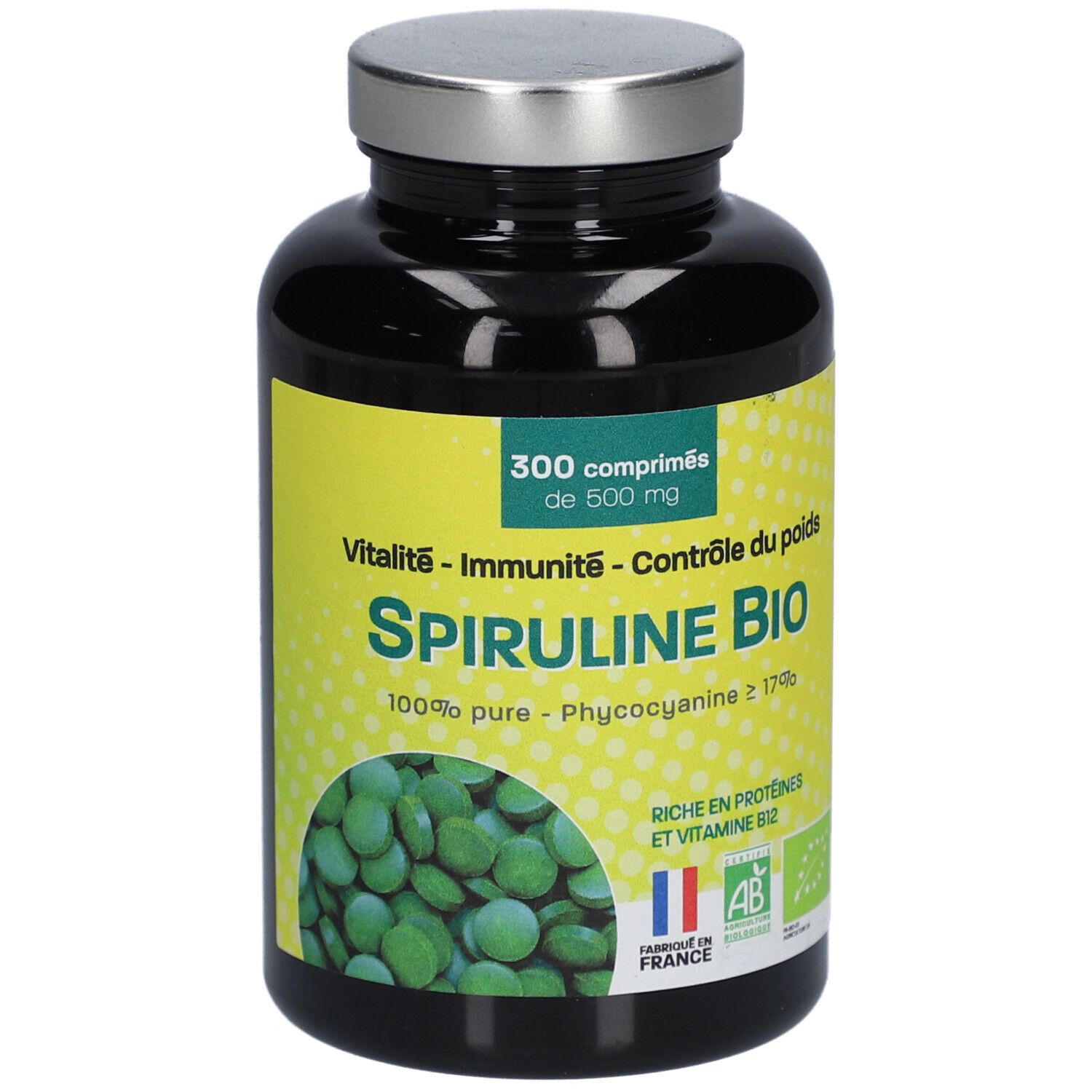 Flacon noir avec bouchon argenté. Inscription: Spiruline Bio, 300 comprimés, 500 mg. Label AB bio et Fabriqué en France.