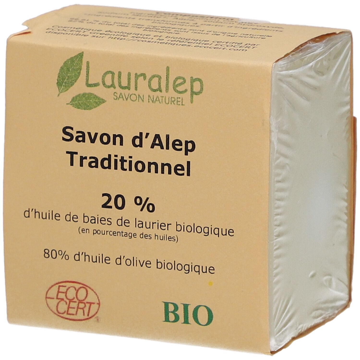 Savon emballé. Lauralep, Savon d'Alep Traditionnel, 20% huile de laurier, 80% huile d'olive. Logos Ecocert et BIO.