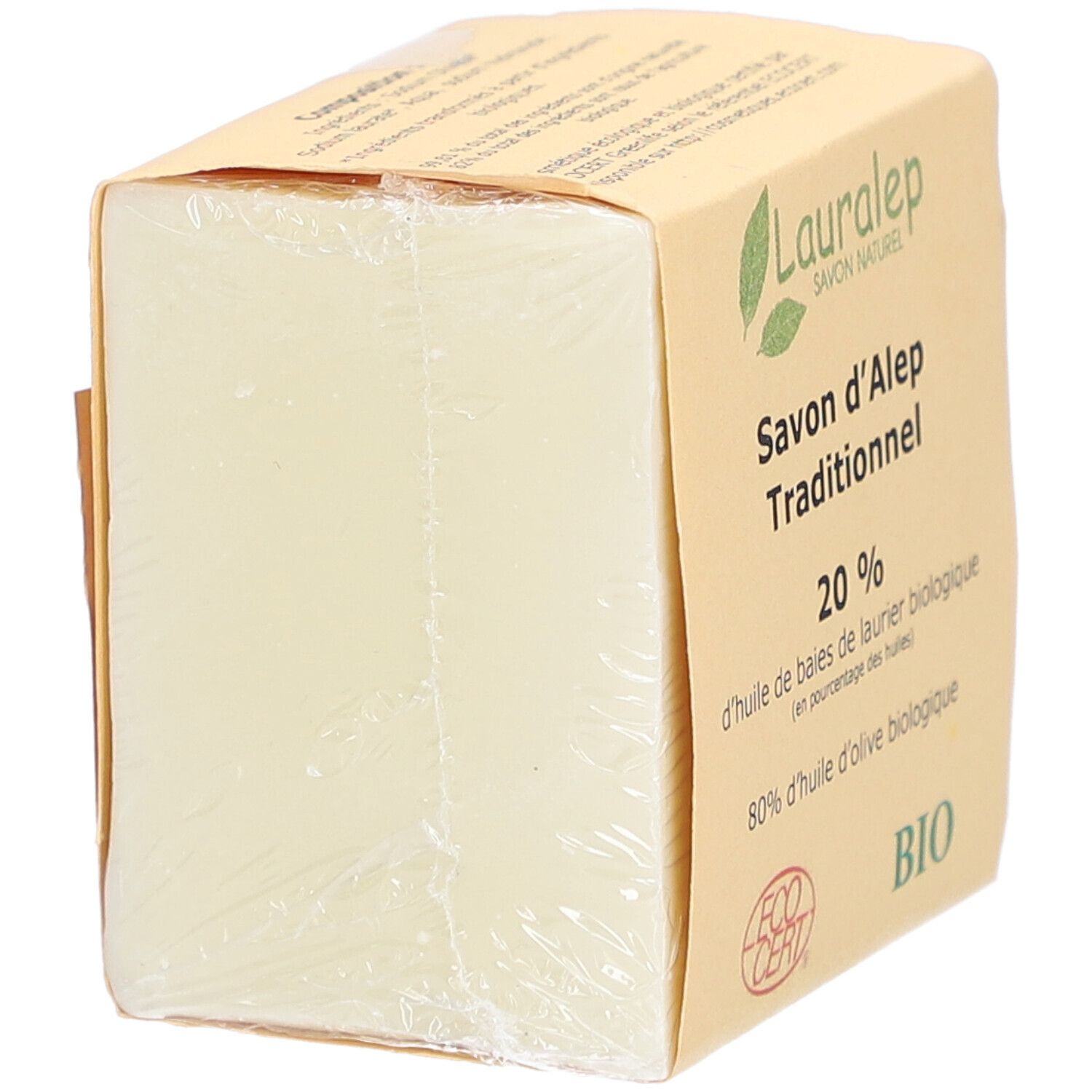 Savon emballé. Lauralep, Savon d'Alep Traditionnel, 20% huile de laurier, 80% huile d'olive. Logos Ecocert et BIO.
