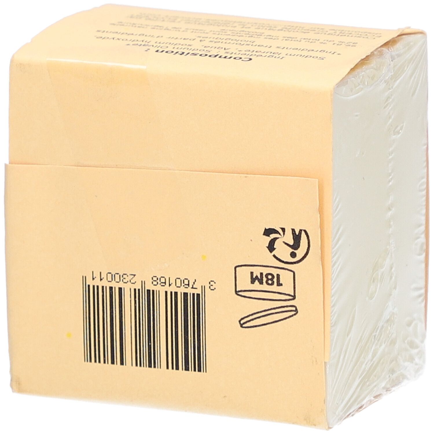 Savon emballé. Code-barres, symbole 18M. Informations au dos.