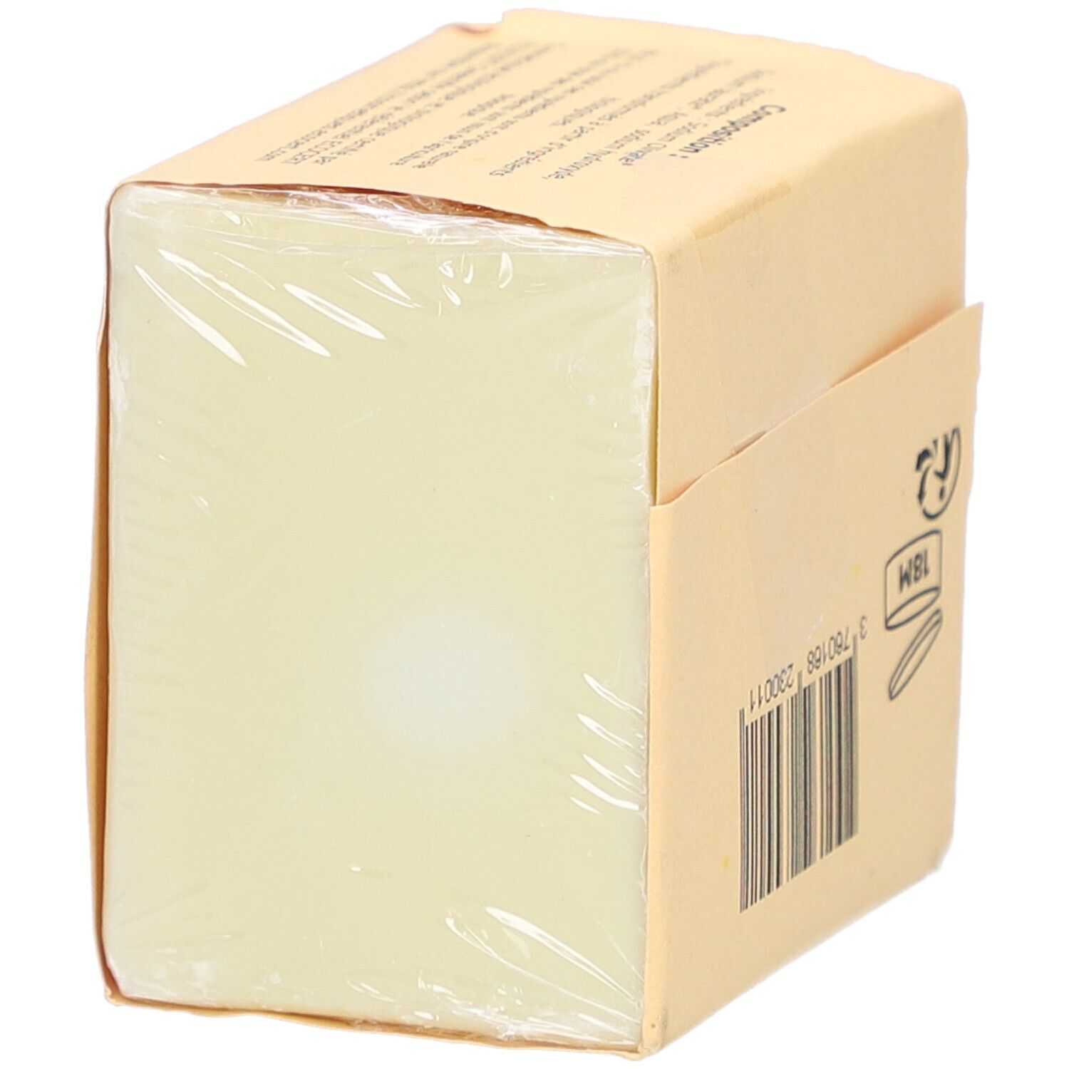 Savon emballé. Code-barres, symbole 18M. Informations au dos.
