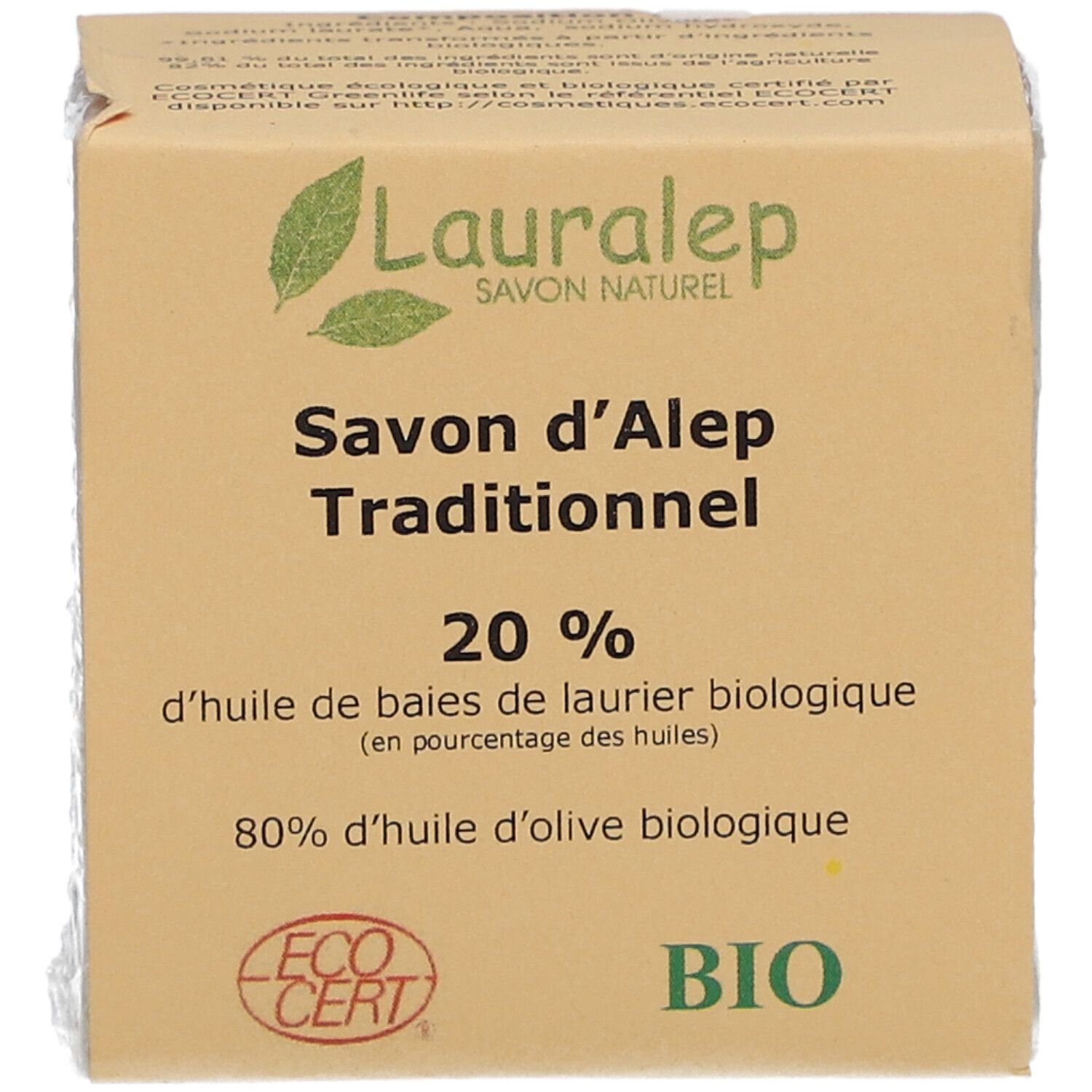 Savon emballé. Lauralep, Savon d'Alep Traditionnel, 20% huile de laurier, 80% huile d'olive. Logos Ecocert et BIO.