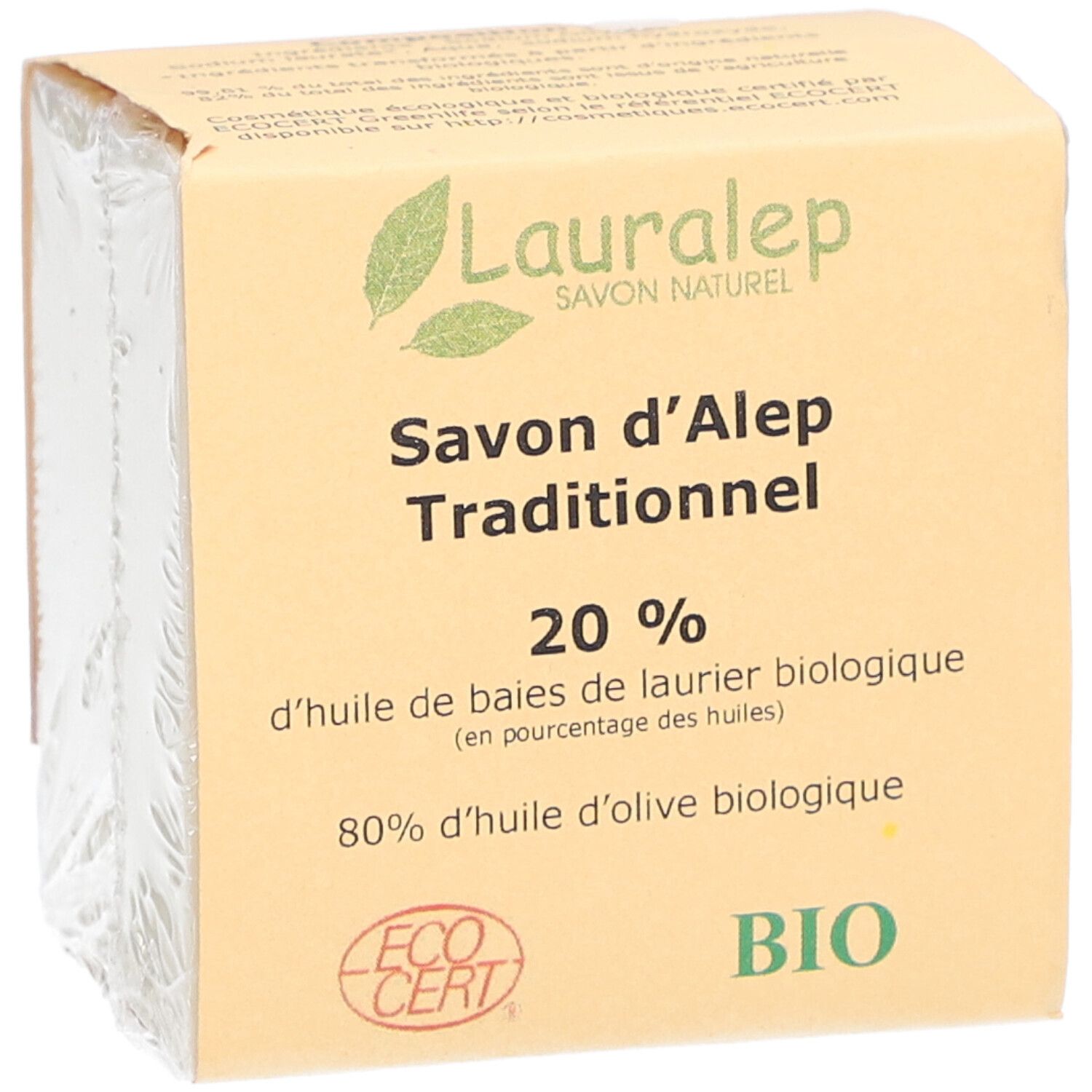 Savon emballé. Lauralep, Savon d'Alep Traditionnel, 20% huile de laurier, 80% huile d'olive. Logos Ecocert et BIO.