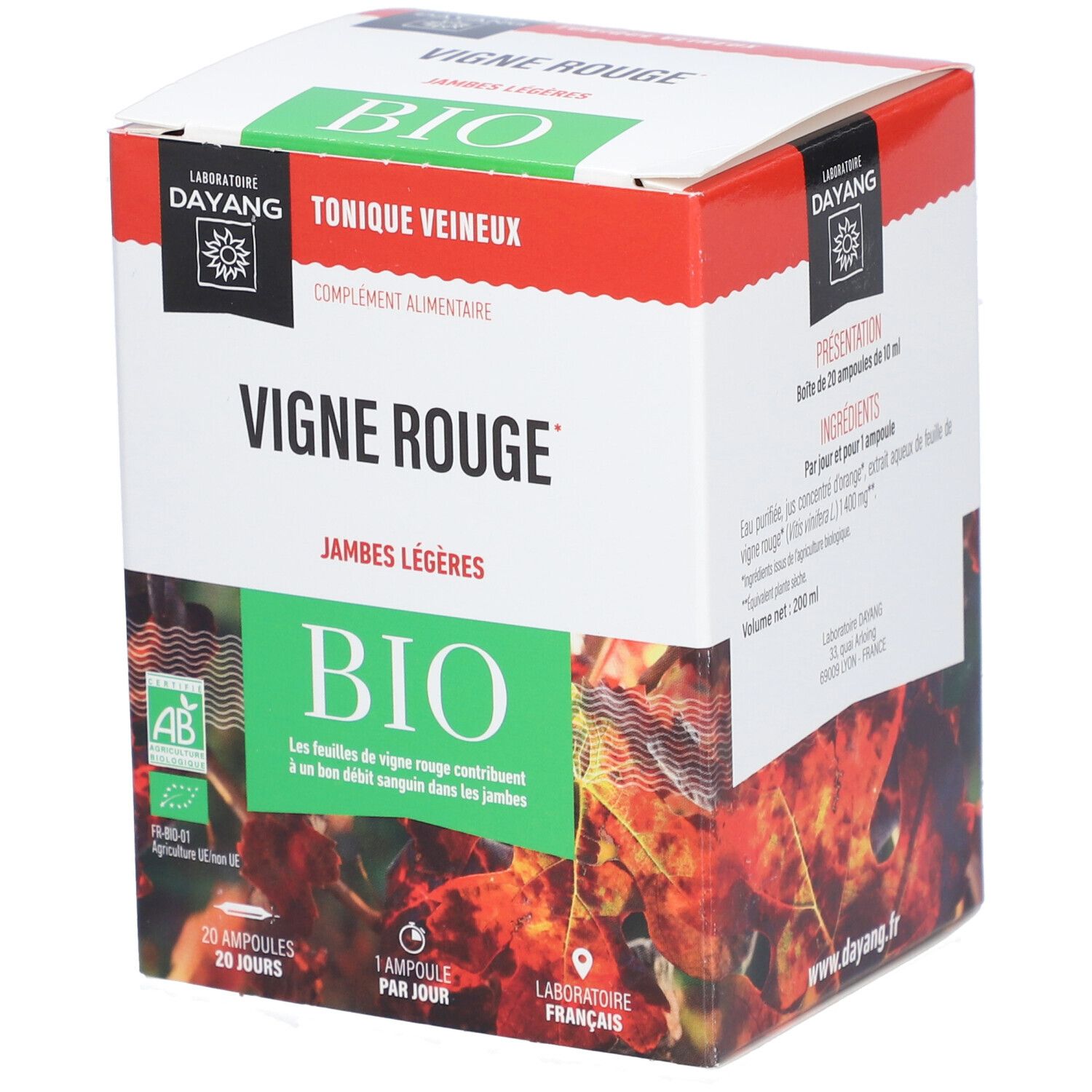 Boîte DAYANG Vigne Rouge BIO. Inscriptions: BIO, 20 ampoules, Tonique Veineux, Jambes Légères. Certification française.