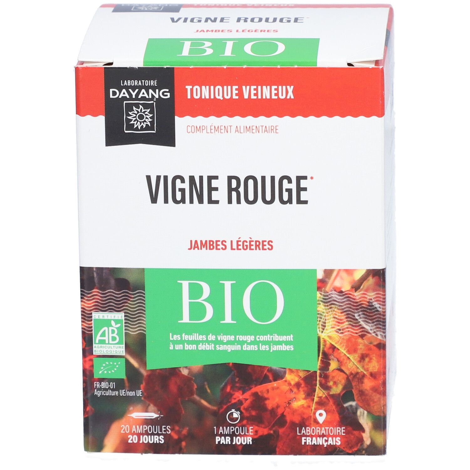 Boîte DAYANG Vigne Rouge BIO. Inscriptions: BIO, 20 ampoules, Tonique Veineux, Jambes Légères. Certification française.