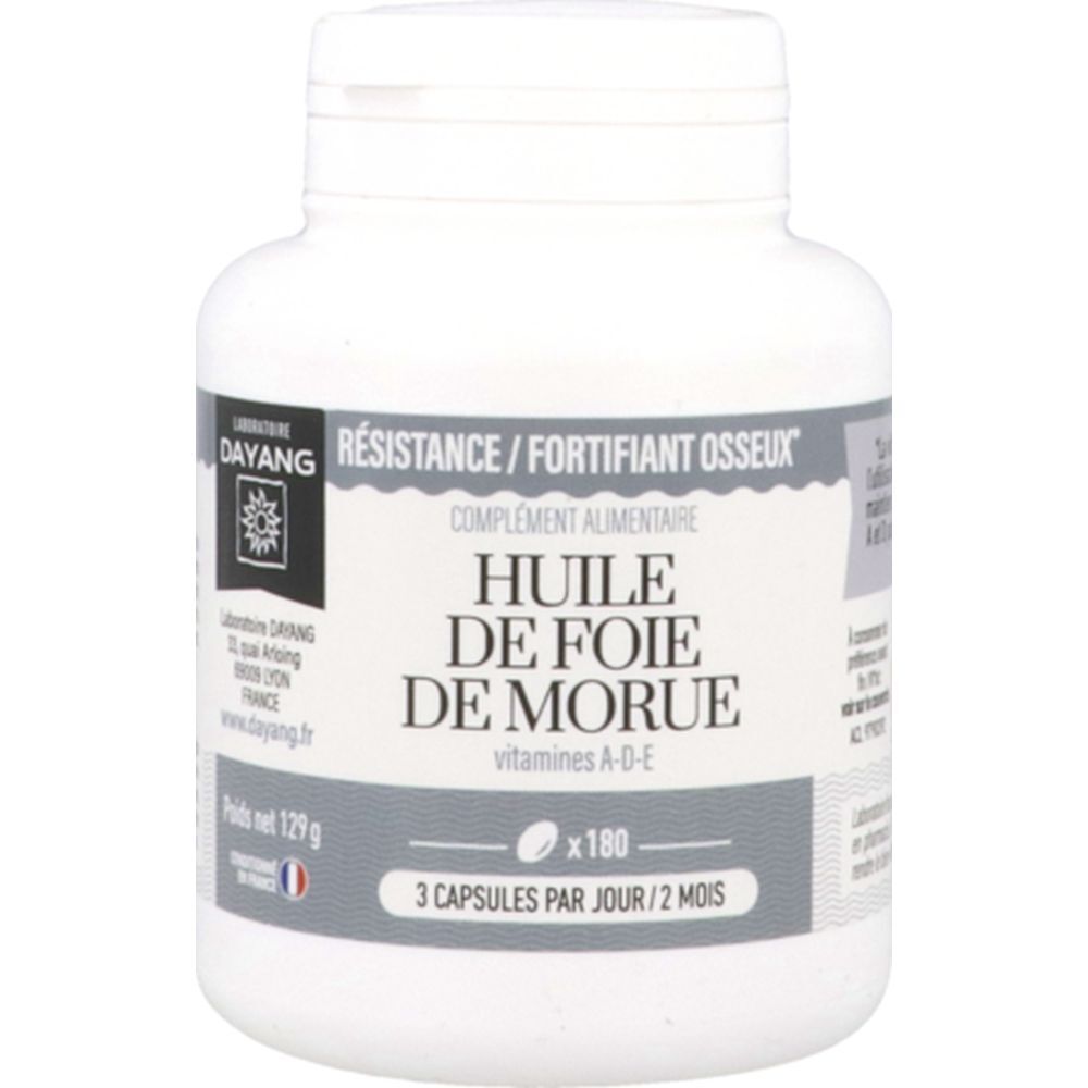 Flacon blanc de gélules. Inscription: Huile de Foie de Morue, 180 gélules. Marque: Dayang.