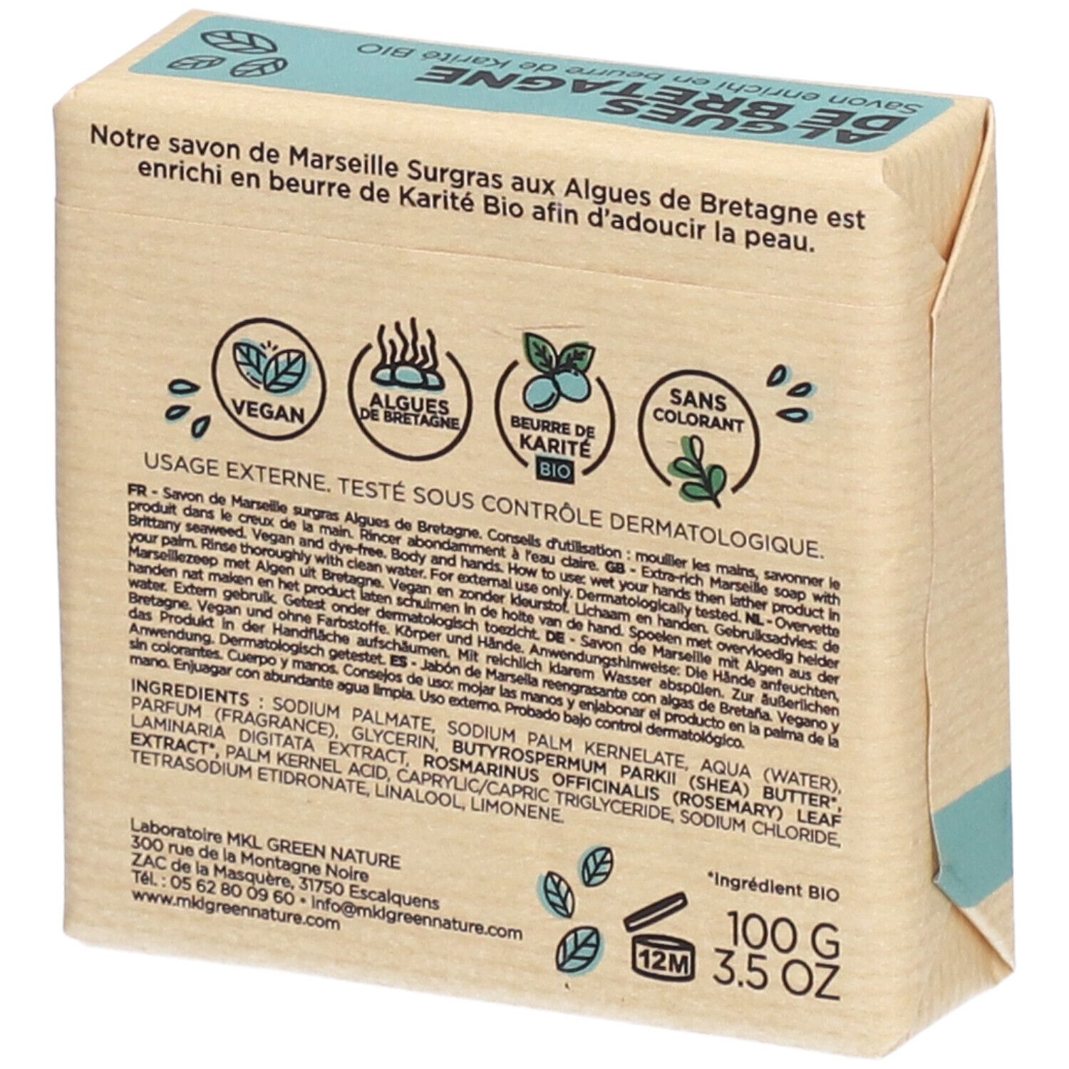 Dos de l'emballage du savon. Texte: Savon de Marseille Surgras, Algues de Bretagne. Ingrédients, logos, 100g, 3.5 OZ.