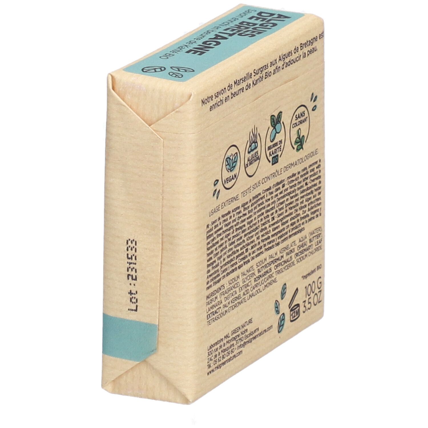 Emballage de savon, dos. Texte: Savon de Marseille Surgras, Algues de Bretagne. Logos, ingrédients, 100g, 3.5 OZ.