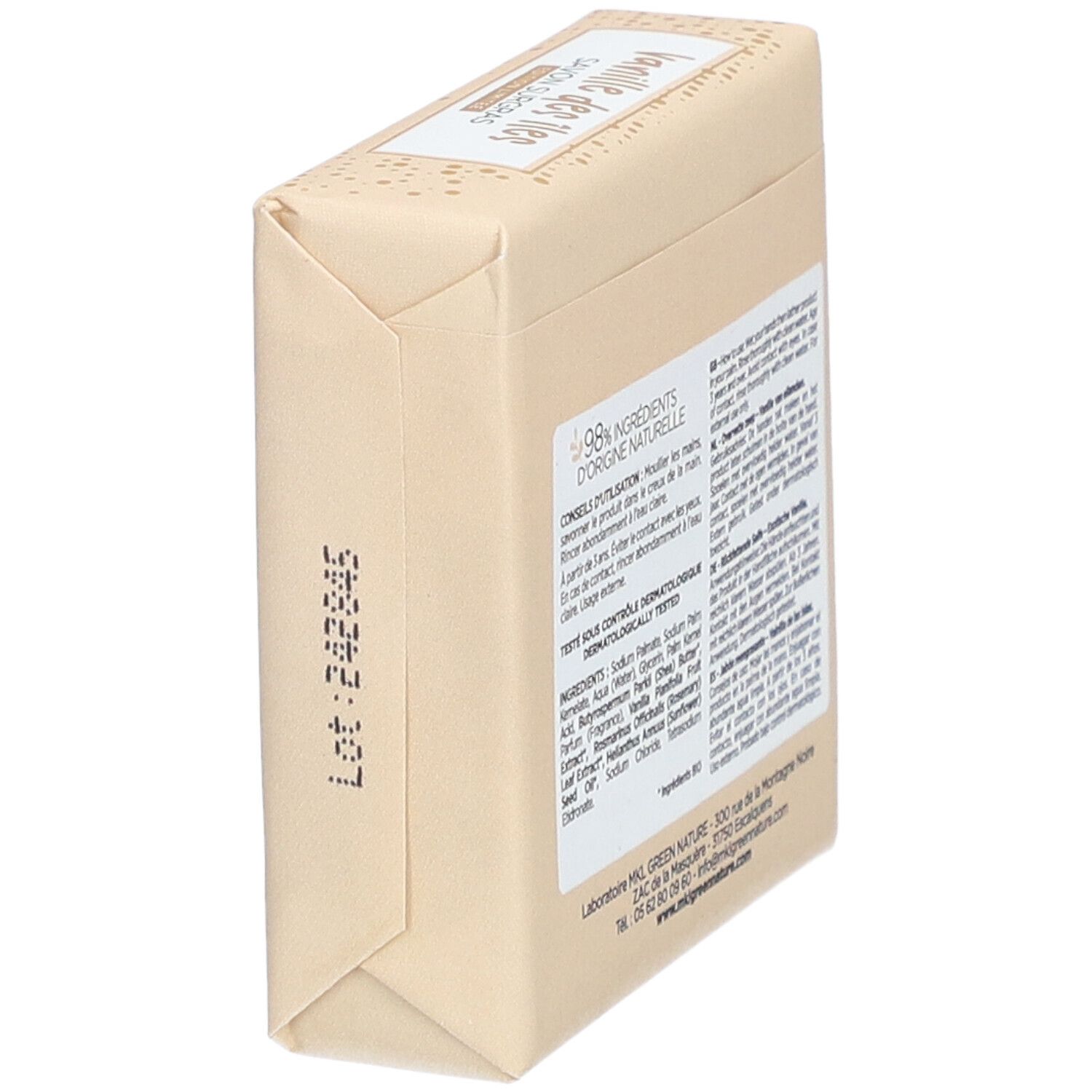 Bloc de savon incliné, dos visible. Inscription : 98% Ingrédients d'origine naturelle. Ingrédients et mode d'emploi.