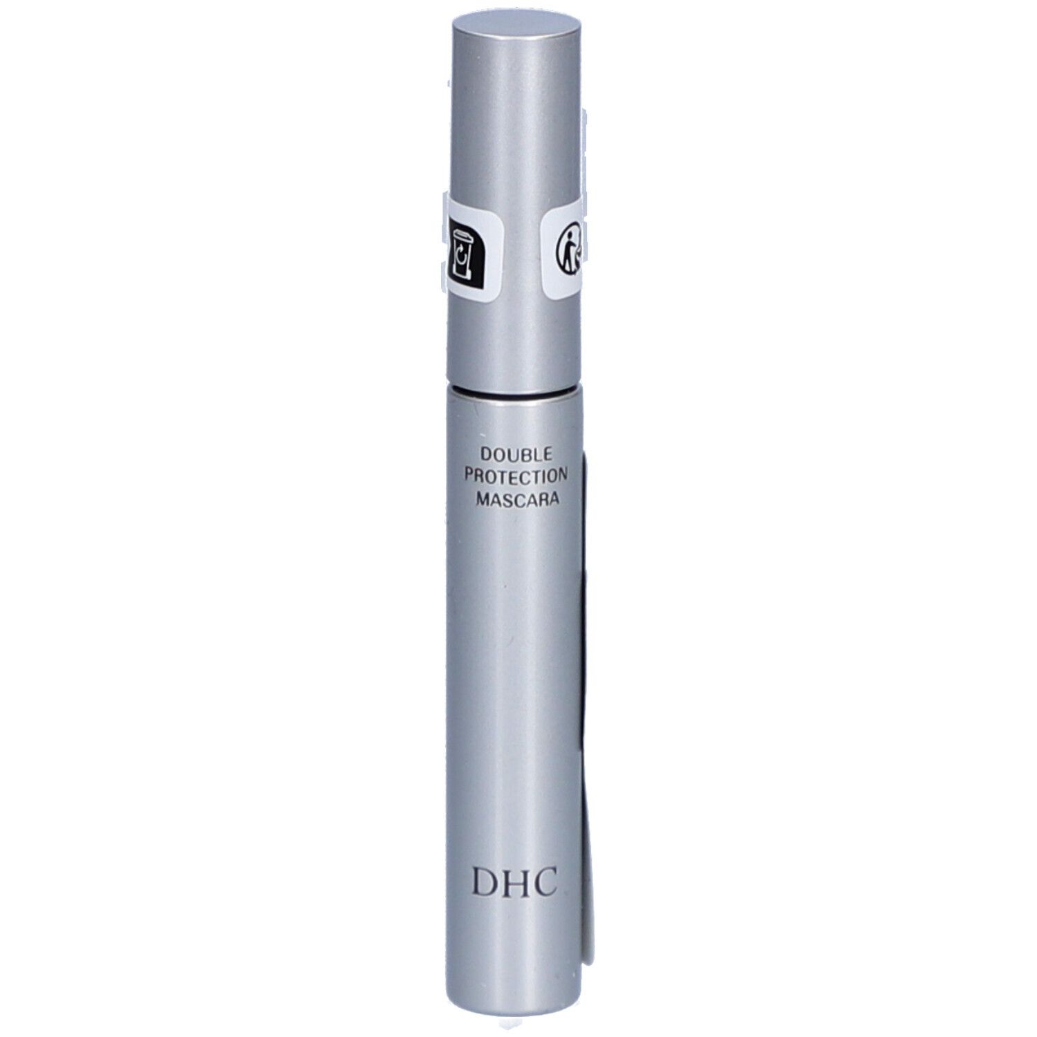 Tube de mascara argenté avec texte noir. Inscription : DOUBLE PROTECTION MASCARA et DHC. Deux sceaux sur le couvercle.