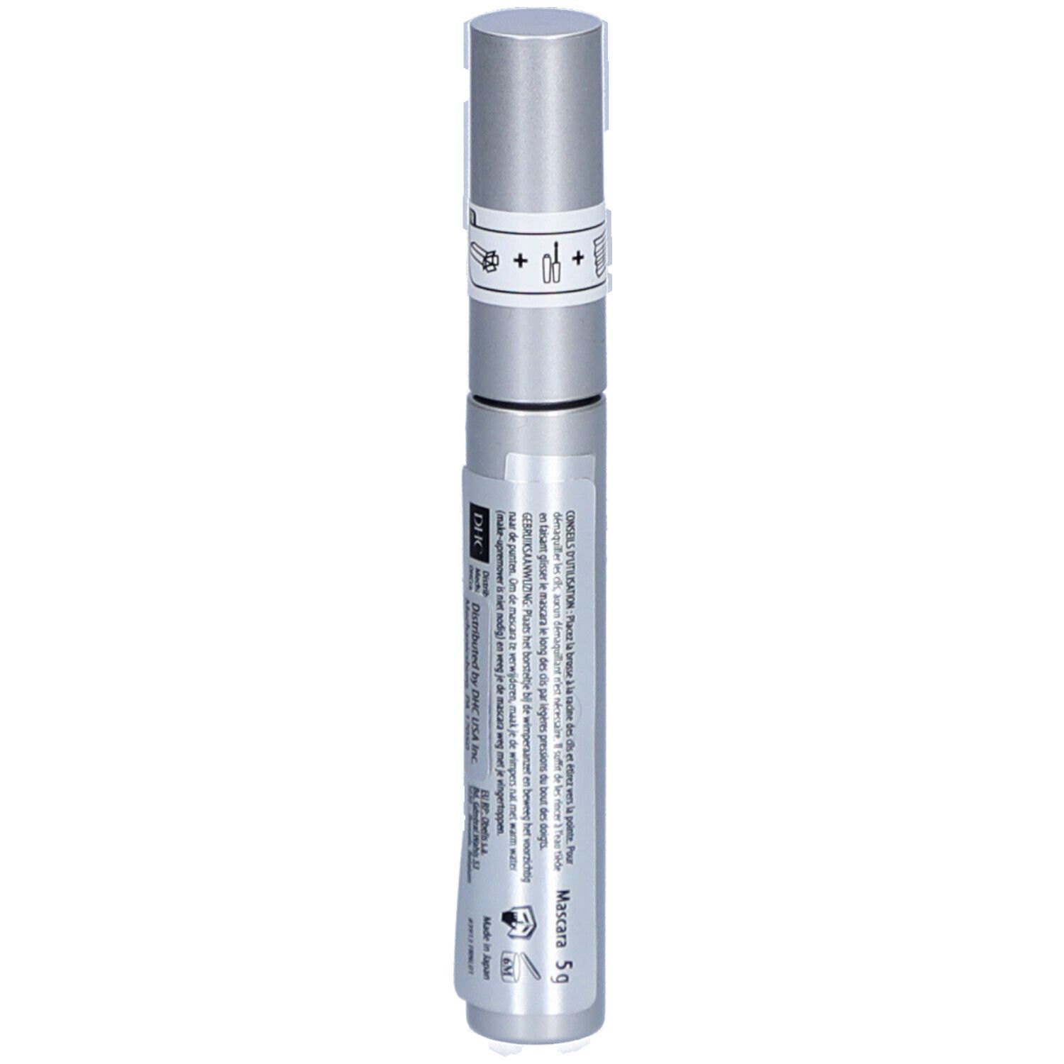 Tube de mascara argenté avec texte noir. Inscription : DOUBLE PROTECTION MASCARA. Un sceau sur le couvercle. Texte au dos.