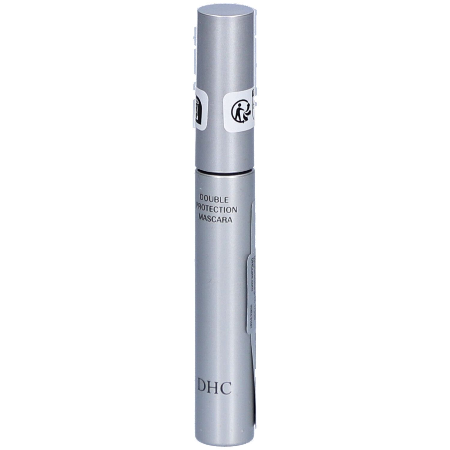 Tube de mascara argenté avec texte noir. Inscription : DOUBLE PROTECTION MASCARA et DHC. Deux sceaux sur le couvercle.